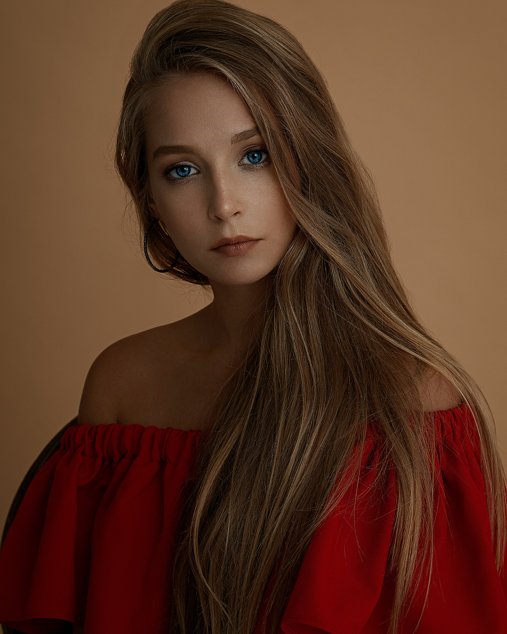 People 1638x2048 Mikhail Bazarov women brunette long hair straight hair blue eyes looking at viewer portrait bare shoulders dress red clothing simple background brown background Alyona Streltsova closed mouth portrait display