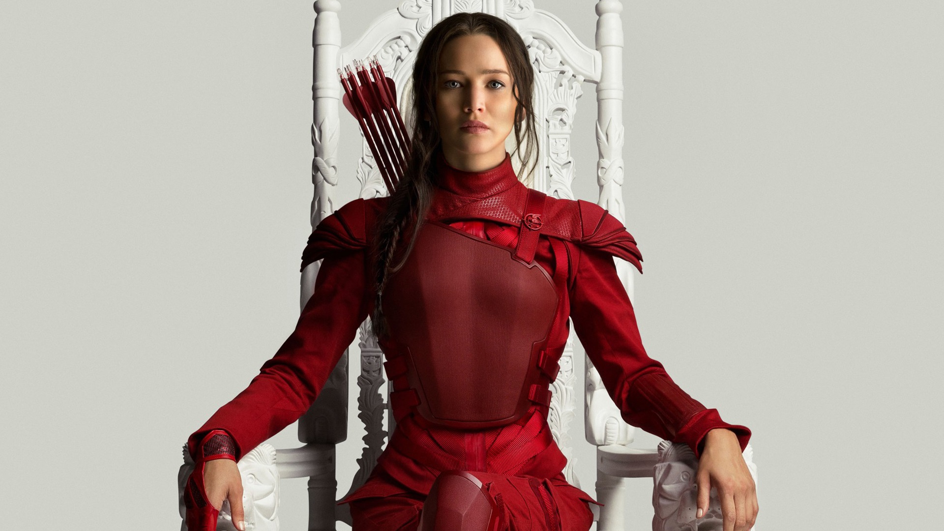 People 1920x1080 Hunger Games throne costumes women Jennifer Lawrence Katniss Everdeen The Hunger Games: Mockingjay - Part 1 Mockingjay white background science fiction women movies sitting brunette arrows looking at viewer simple background