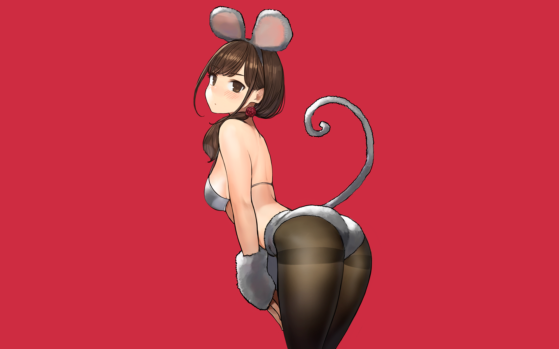 Anime 1920x1200 ass animal ears tail pantyhose blushing long hair brunette gloves ponytail bikini top sideboob yomu arched back bottom up bent over mouse girls red background Miru Tights Homi Moegi (Miru Tights) simple background
