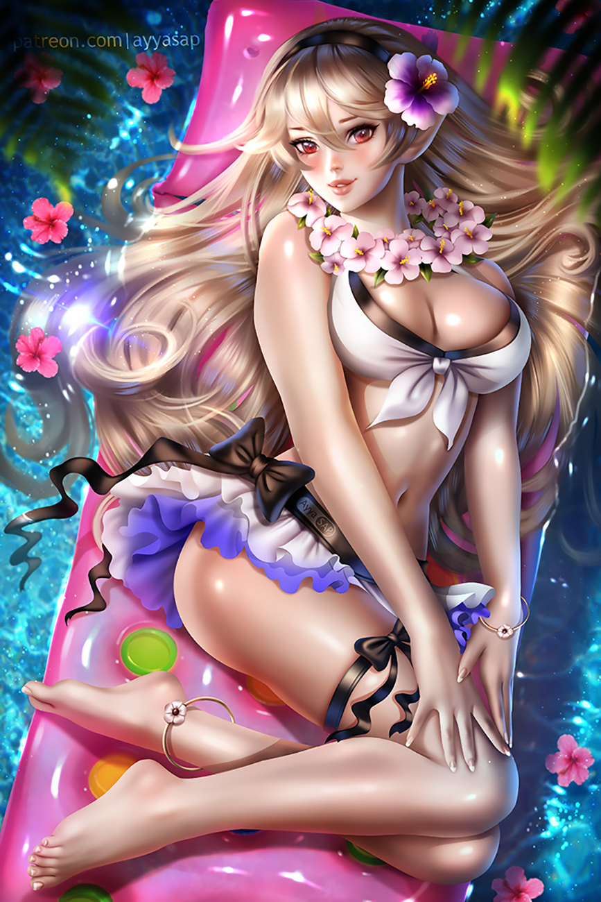General 867x1300 Ayya Saparniyazova drawing women long hair flower in hair hair accessories red eyes Corrin Fire Emblem Fire Emblem Fates blonde portrait display thighs watermarked cleavage frills floater water flowers swimwear bent legs looking at viewer parted lips big boobs long nails hands on knees