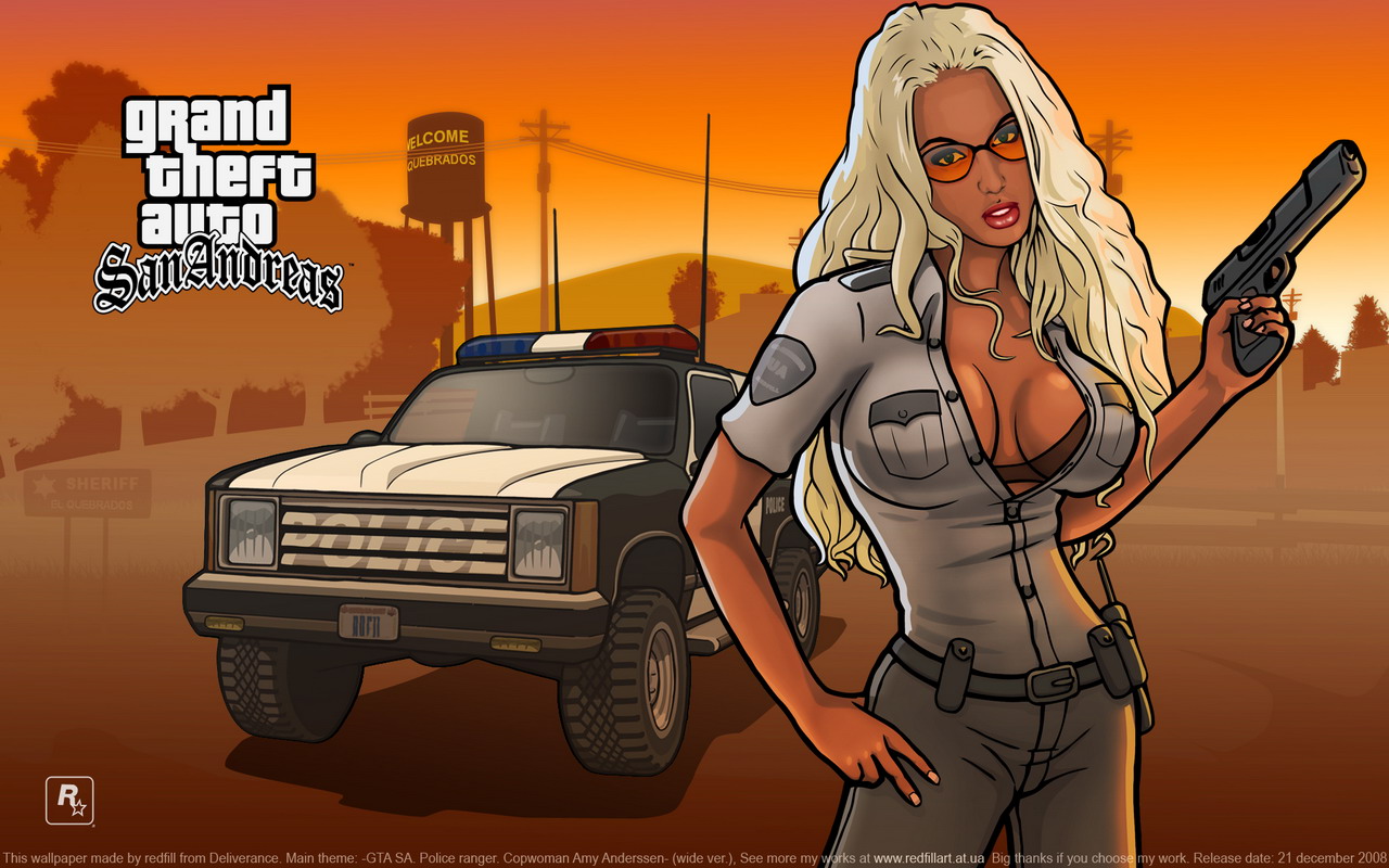 General 1280x800 big boobs Amy Andersen Grand Theft Auto Grand Theft Auto: San Andreas police costume video game art