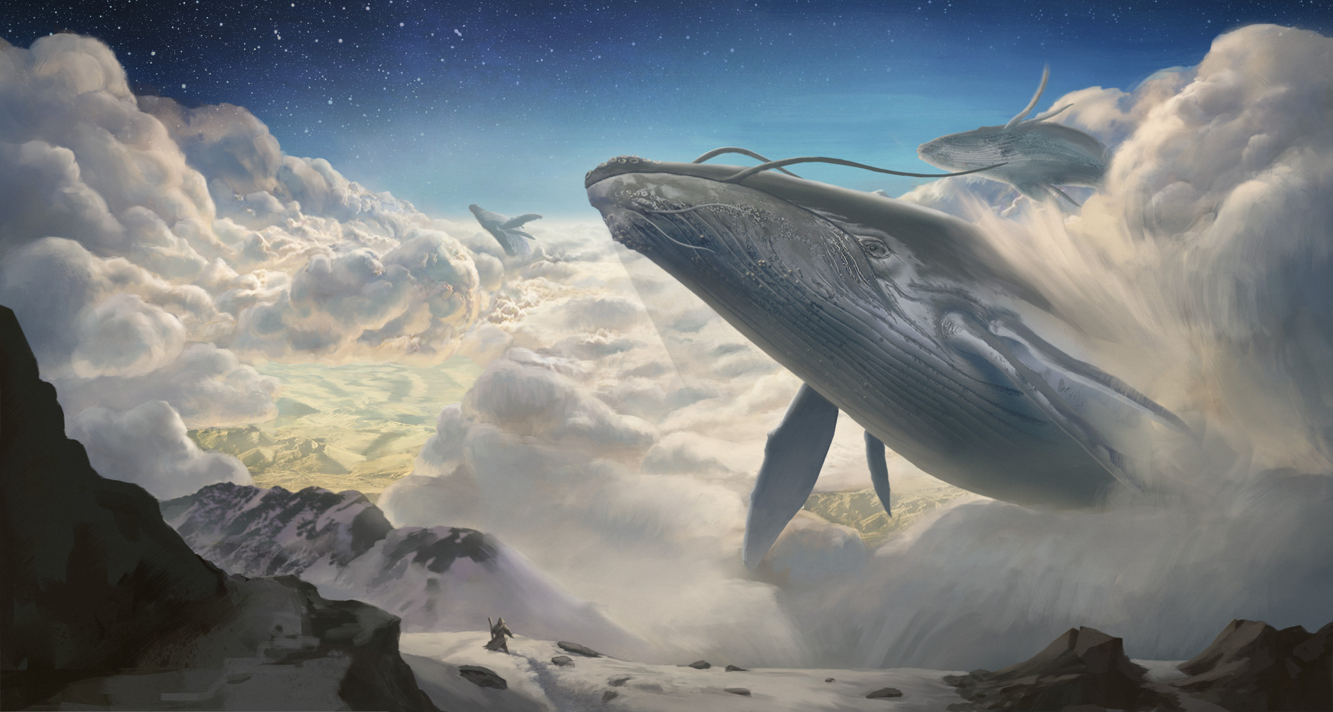 General 1920x1026 artwork fantasy art whale clouds mountains stars flying Gojira flying whales