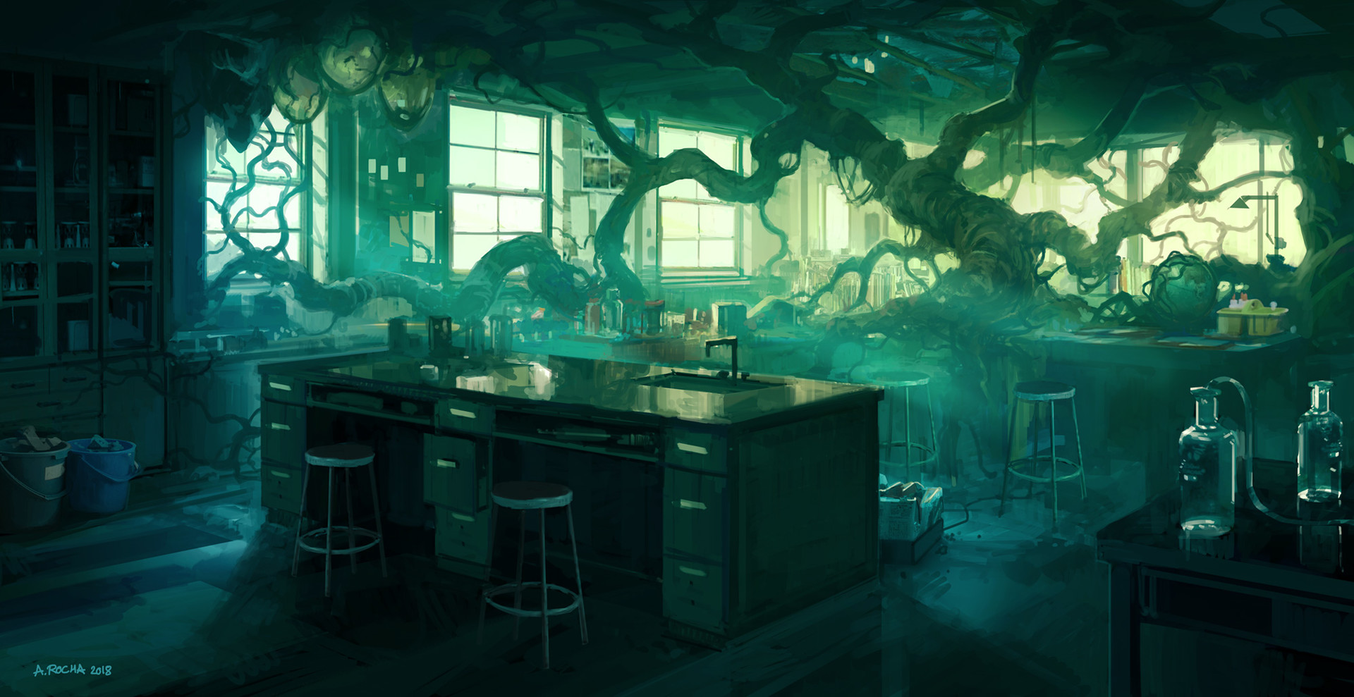 General 1920x989 Andreas Rocha nature trees twigs laboratories chair table bottles school trash