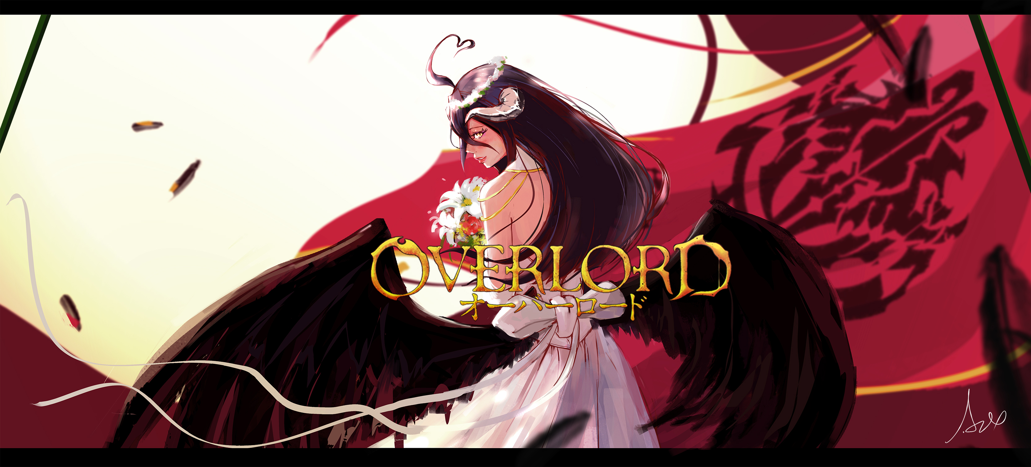 Anime 3327x1509 Overlord (anime) anime girls demon girls white dress bareback wedding dress hair in face blushing demon horns succubus black wings bare shoulders ahoge shiny hair looking back yellow eyes bouquets flowers white gloves Albedo (OverLord) black hair long hair 2D looking at viewer flower crown fan art pink lipstick parted lips anime rear view curvy