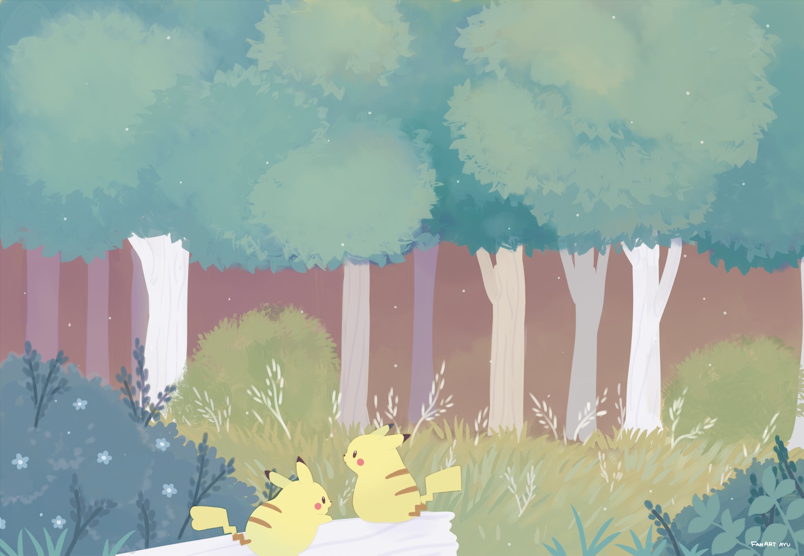 Anime 1600x1106 Pikachu forest anime illustration