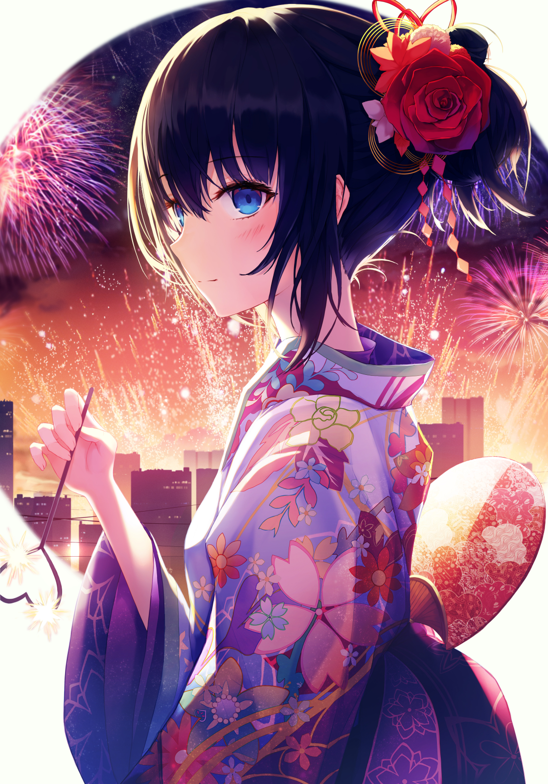 Anime 1120x1600 anime anime girls fireworks portrait display short hair black hair blue eyes flowers