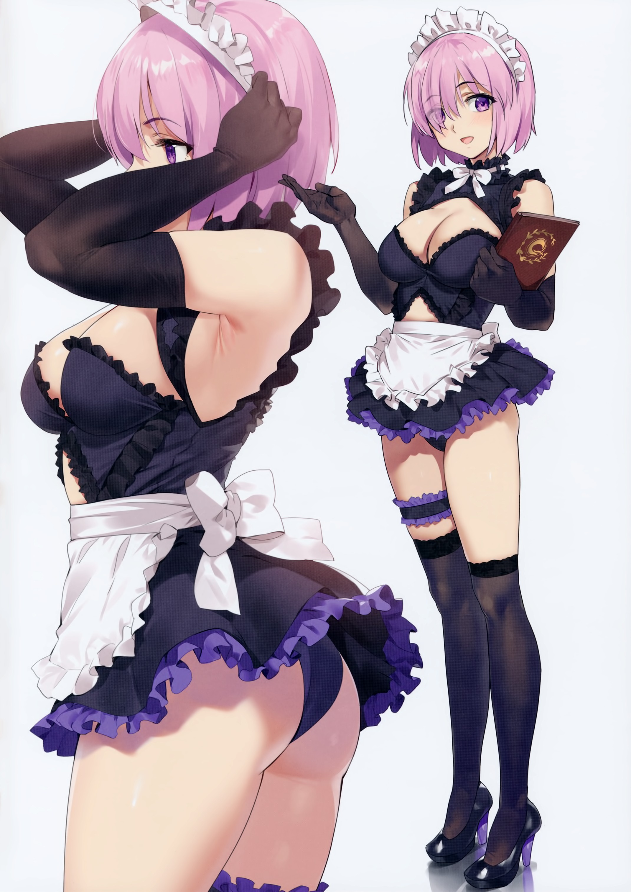 Anime 2141x3023 Fate/Grand Order Fate series Mash Kyrielight maid maid outfit lace garter Orange Maru pink hair bangs purple eyes legs thigh-highs heels armpits portrait display glutes ass panties