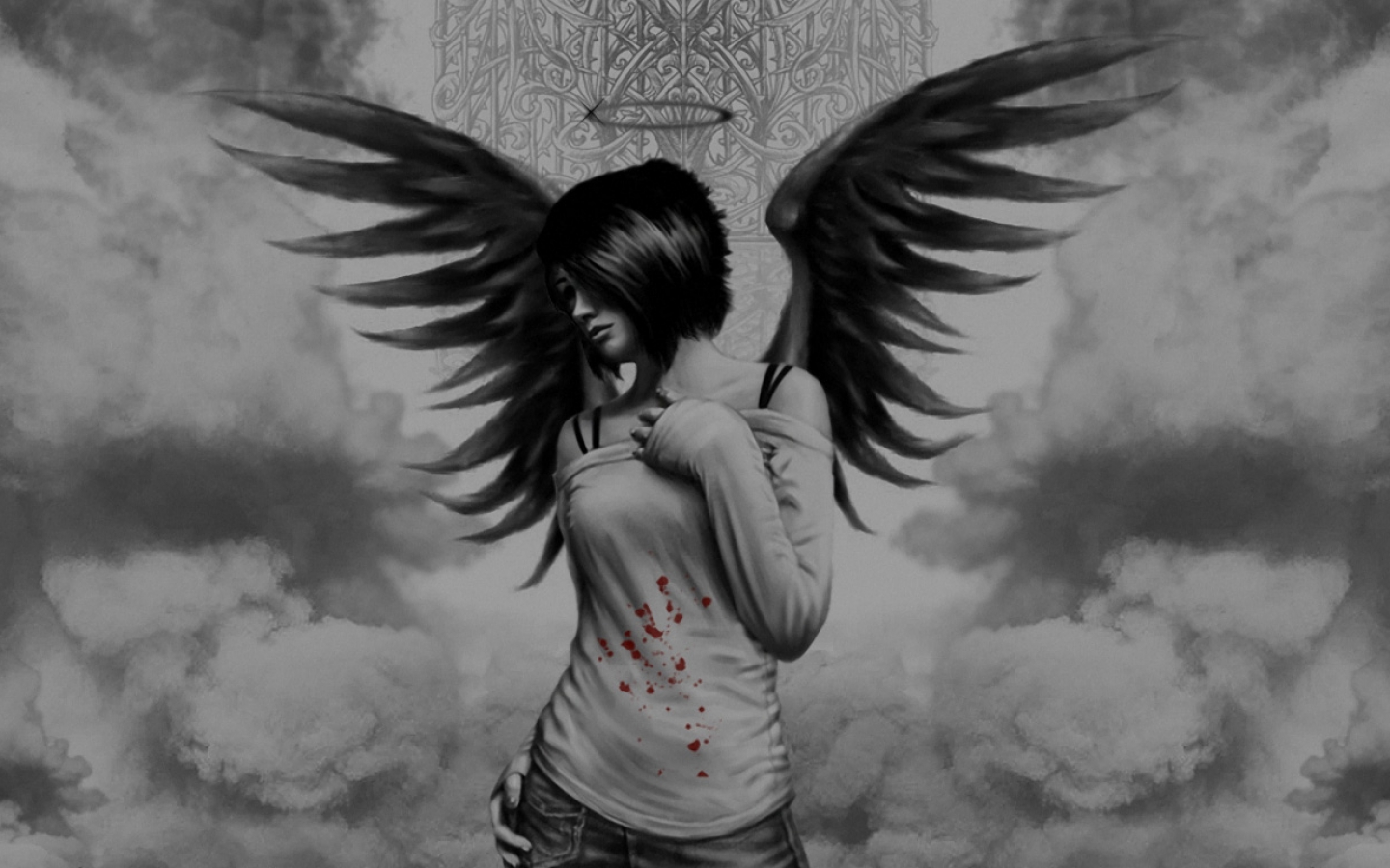 General 1440x900 angel monochrome fantasy girl wings selective coloring