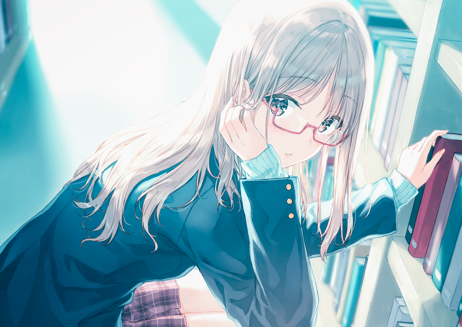 Anime 1920x1357 anime anime girls Hiten school uniform silver hair glasses books