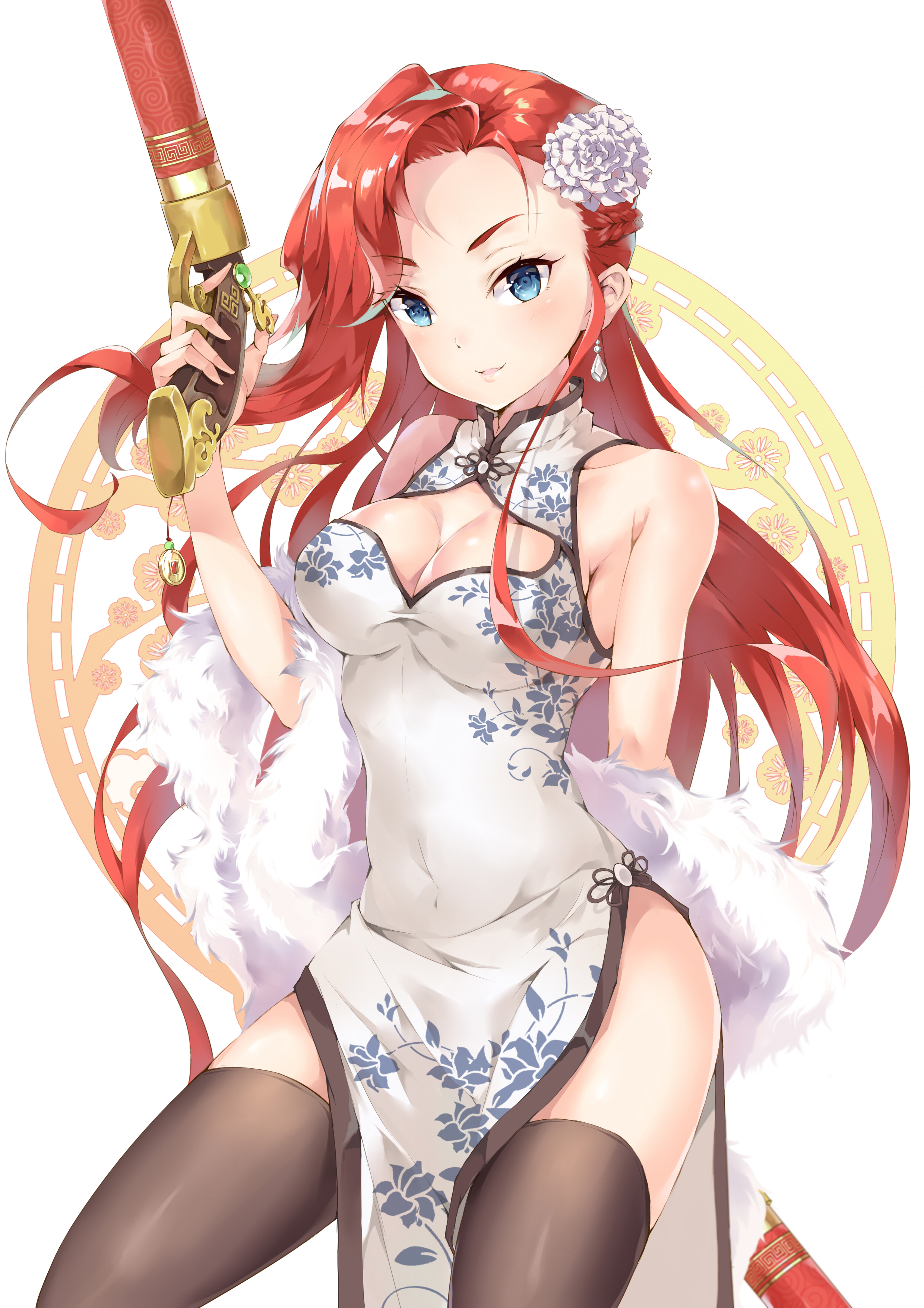 Anime 2480x3508 boobs League of Legends Chinese dress cleavage gun thigh-highs headdress redhead
