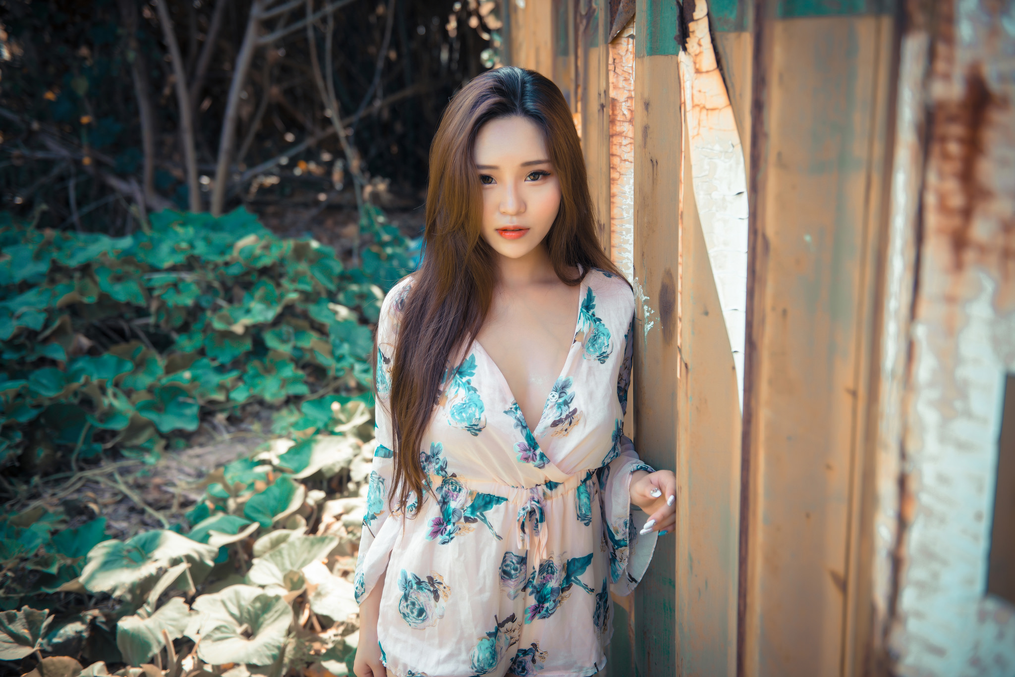 People 2048x1367 Asian women women outdoors brunette model plants cleavage playsuit looking at viewer long hair painted nails