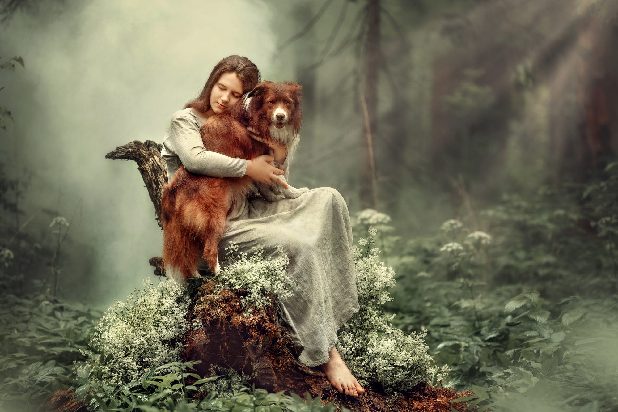 People 2000x1333 women brunette women outdoors long hair forest dog trees barefoot closed eyes mist sitting women with dogs
