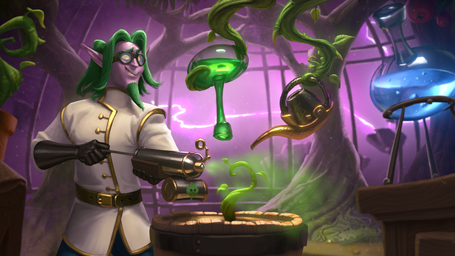 General 1920x1080 The Booms day Project Hearthstone: Heroes of Warcraft Blizzard Entertainment video games Hearthstone video game characters trees video game men video game art gloves smiling pointy ears leaves potions scientists goggles