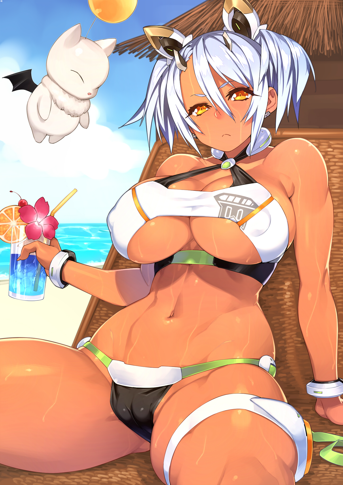 Anime 1446x2046 anime girls Real XXIII dark skin bikini big boobs cocktails