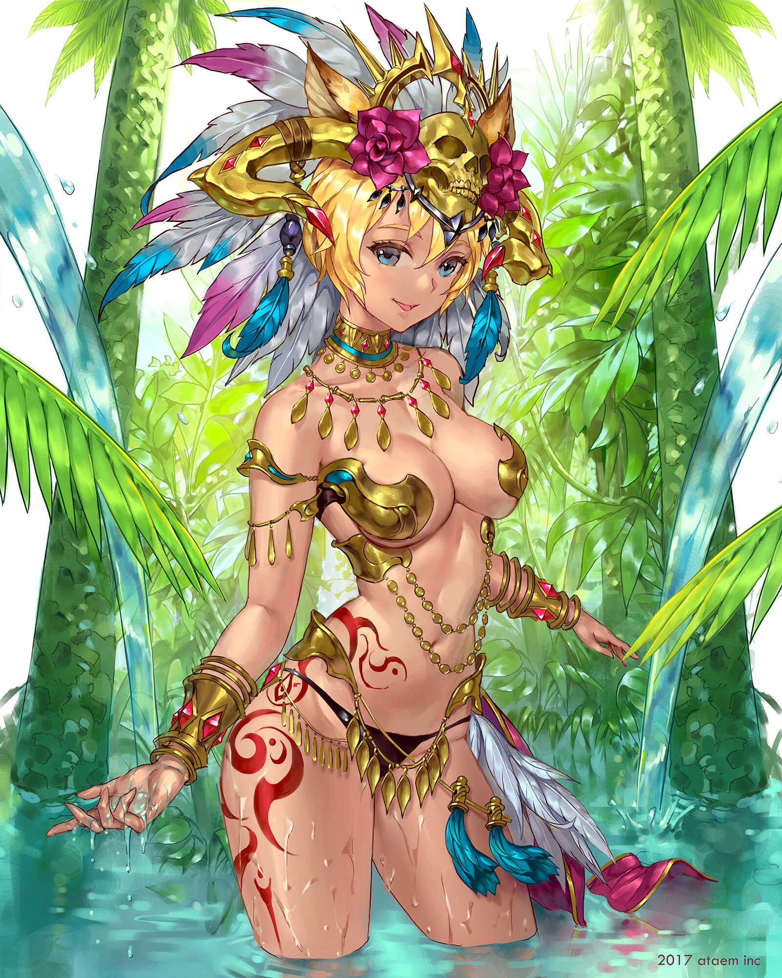 Anime 1600x2000 anime girls animal ears bikini armor jungle Jungle Girl tanned bikini plants blonde water in water