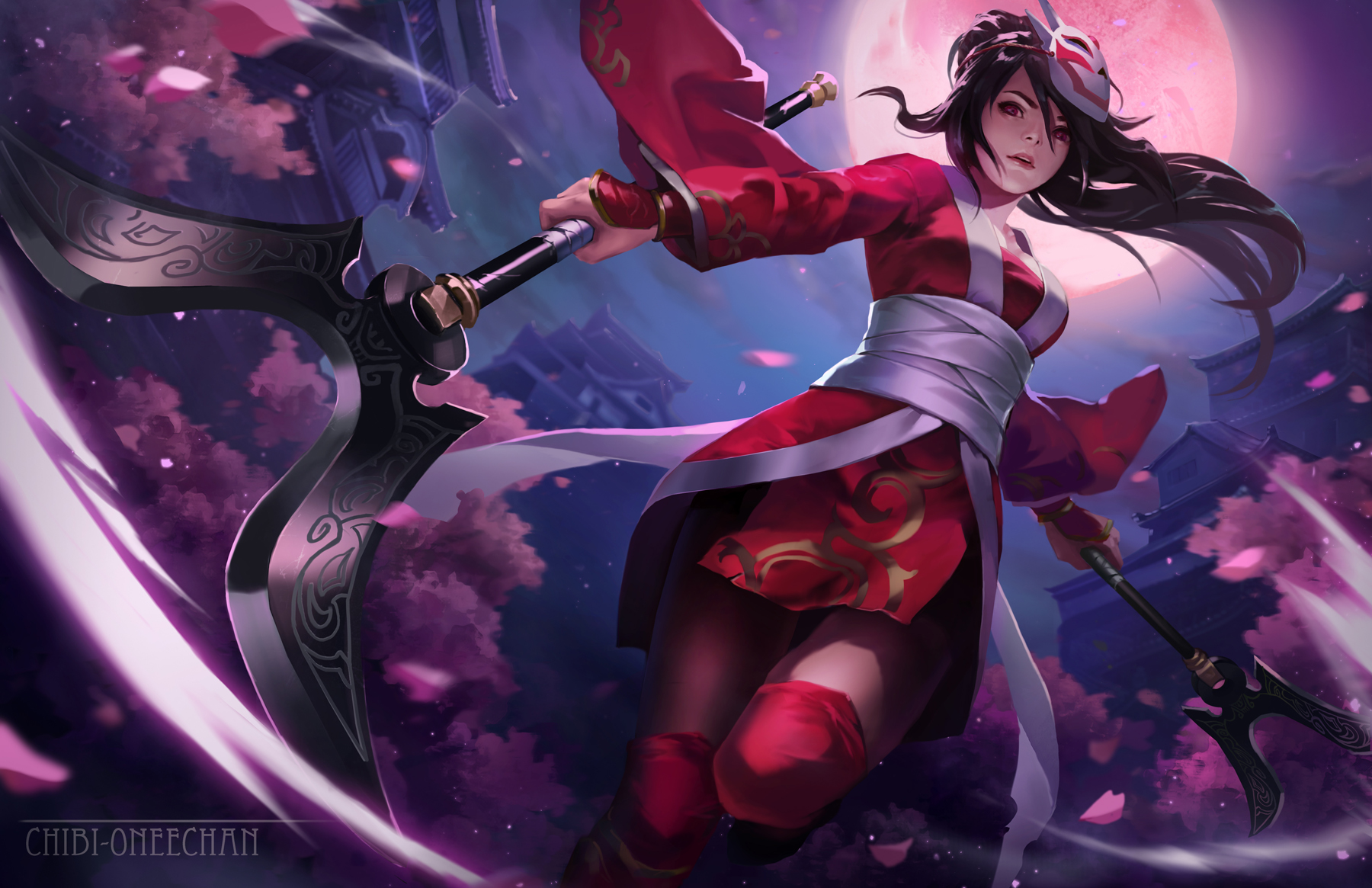 Anime 1800x1165 League of Legends Akali (League of Legends) Blood Moon (league of legends) kimono CHIBI-ONEECHAN Girl With Weapon dark hair long hair red clothing red eyes cherry blossom
