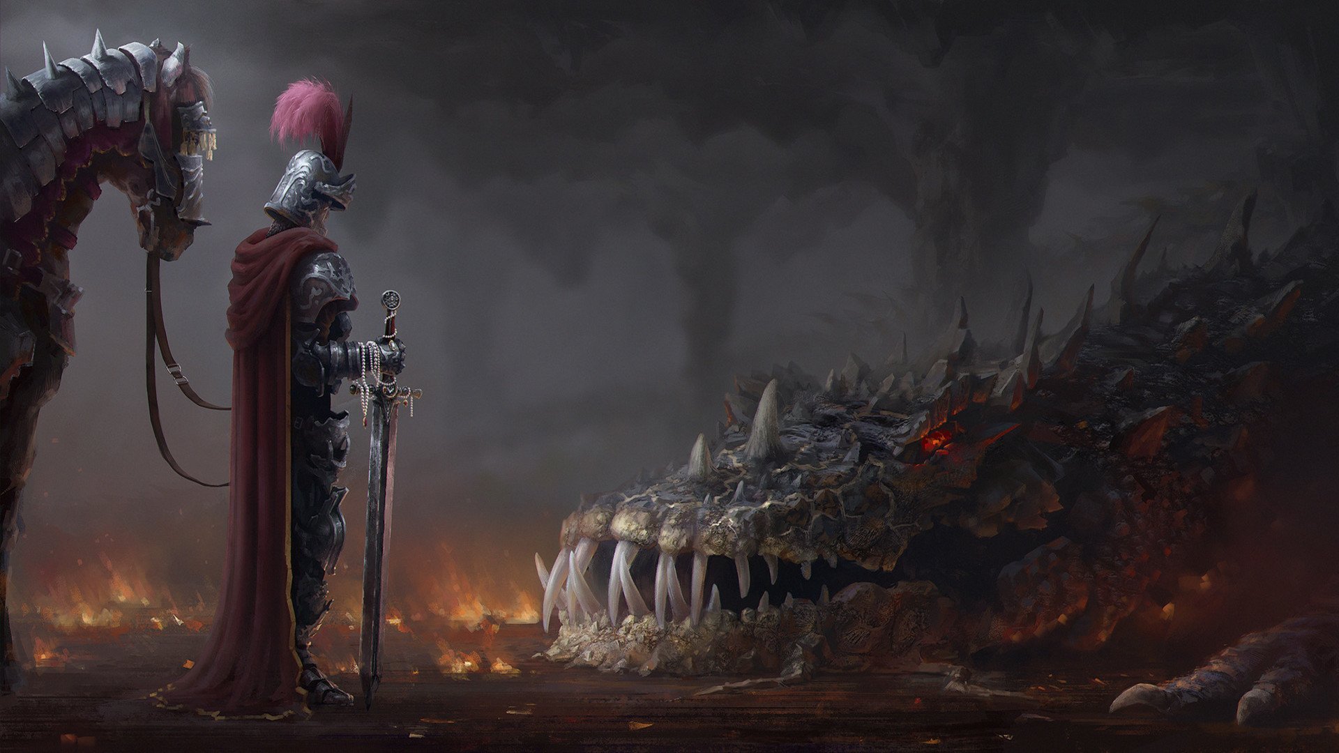 General 1920x1080 digital art fantasy art Andrew Palyanov knight dragon artwork fangs smoke sword armor horse red eyes