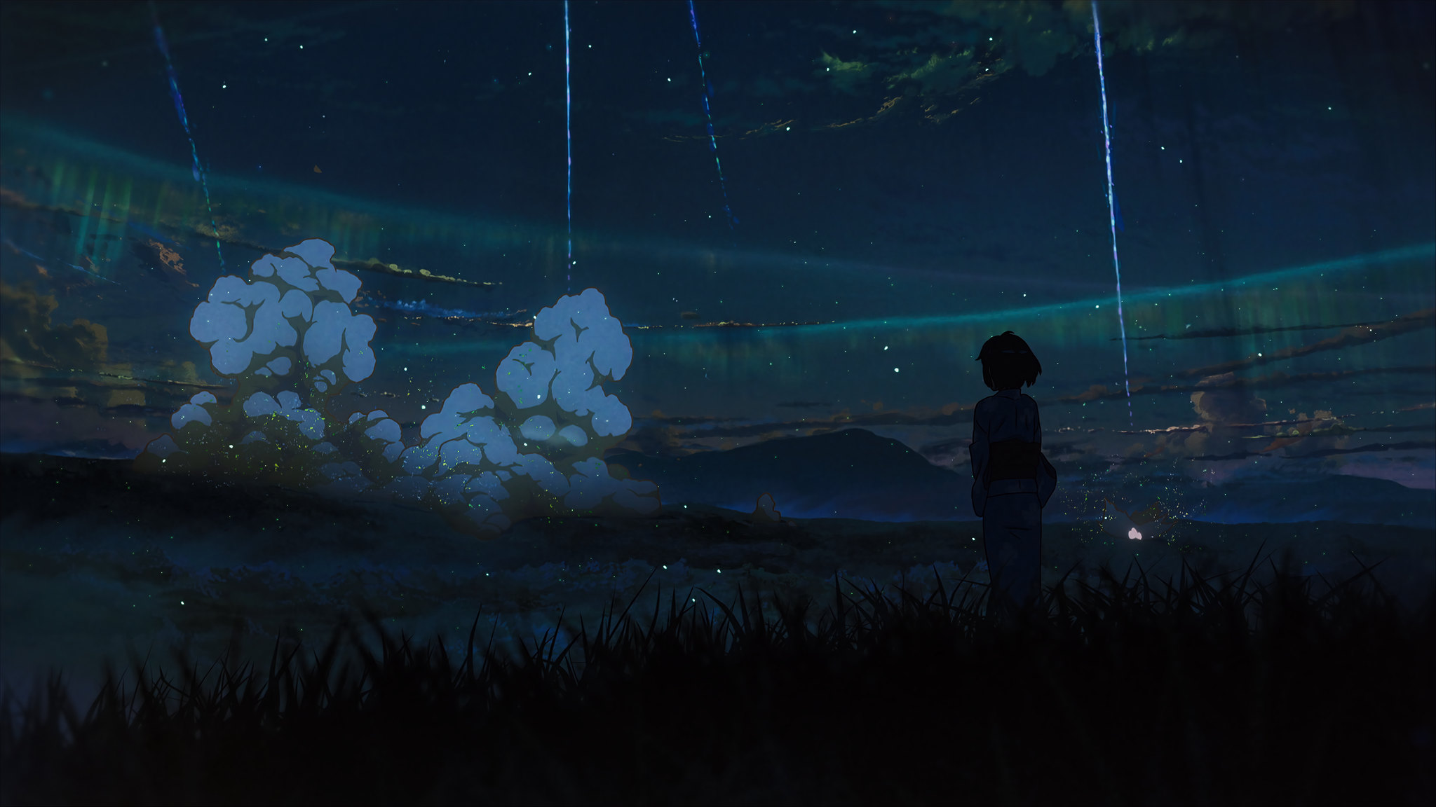 Anime 2048x1152 anime landscape sky clouds kimono Kimi no Na Wa grass