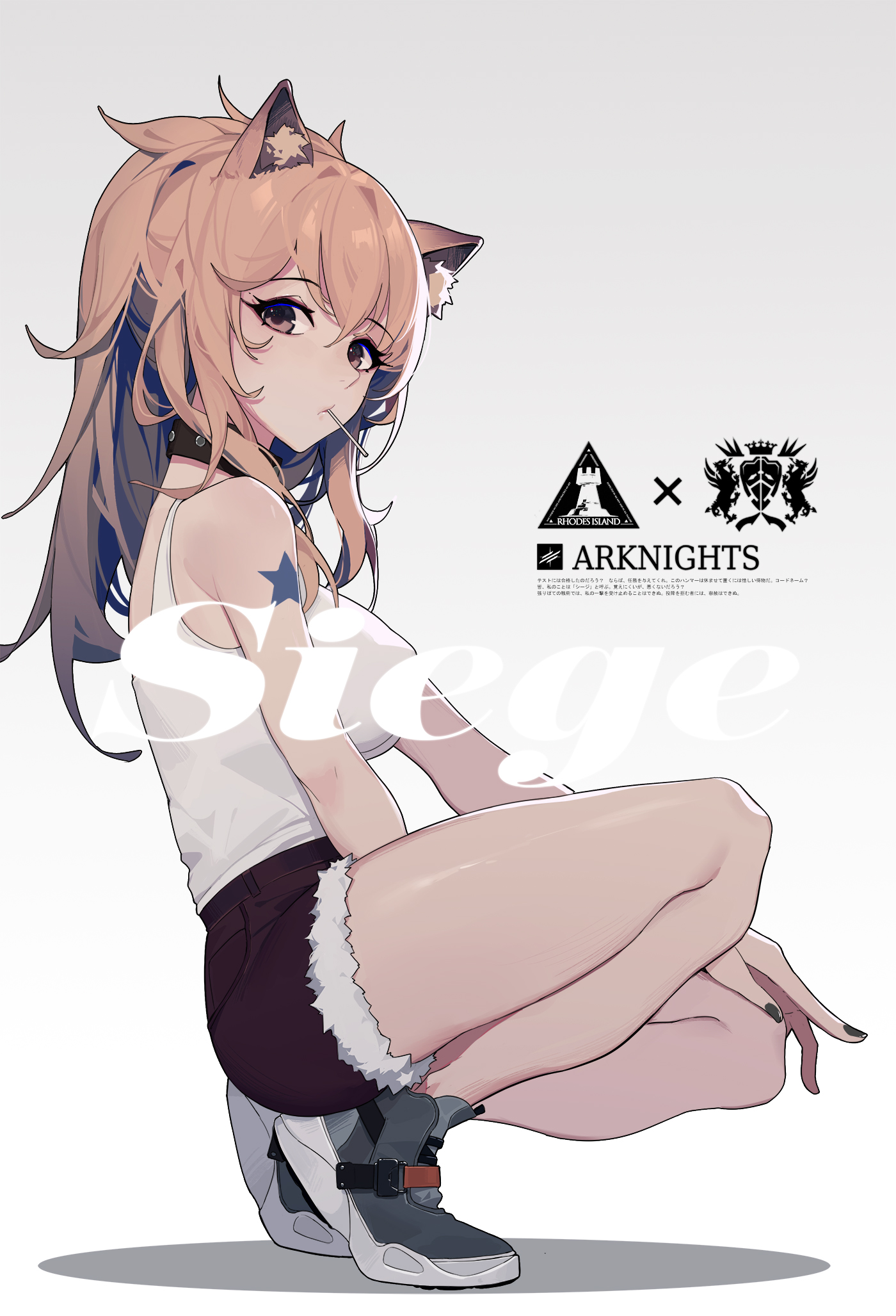 Anime 1400x2055 anime anime girls digital art artwork 2D portrait display Arknights Siege(Arknights) MonGarit animal ears blonde tank top squatting