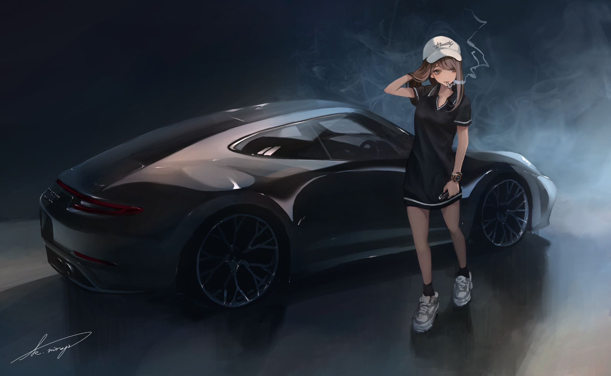 Anime 2047x1259 koh anime girls black dress car Porsche 911 Porsche 991 smoking baseball cap smoke background dress sneakers brunette brown eyes