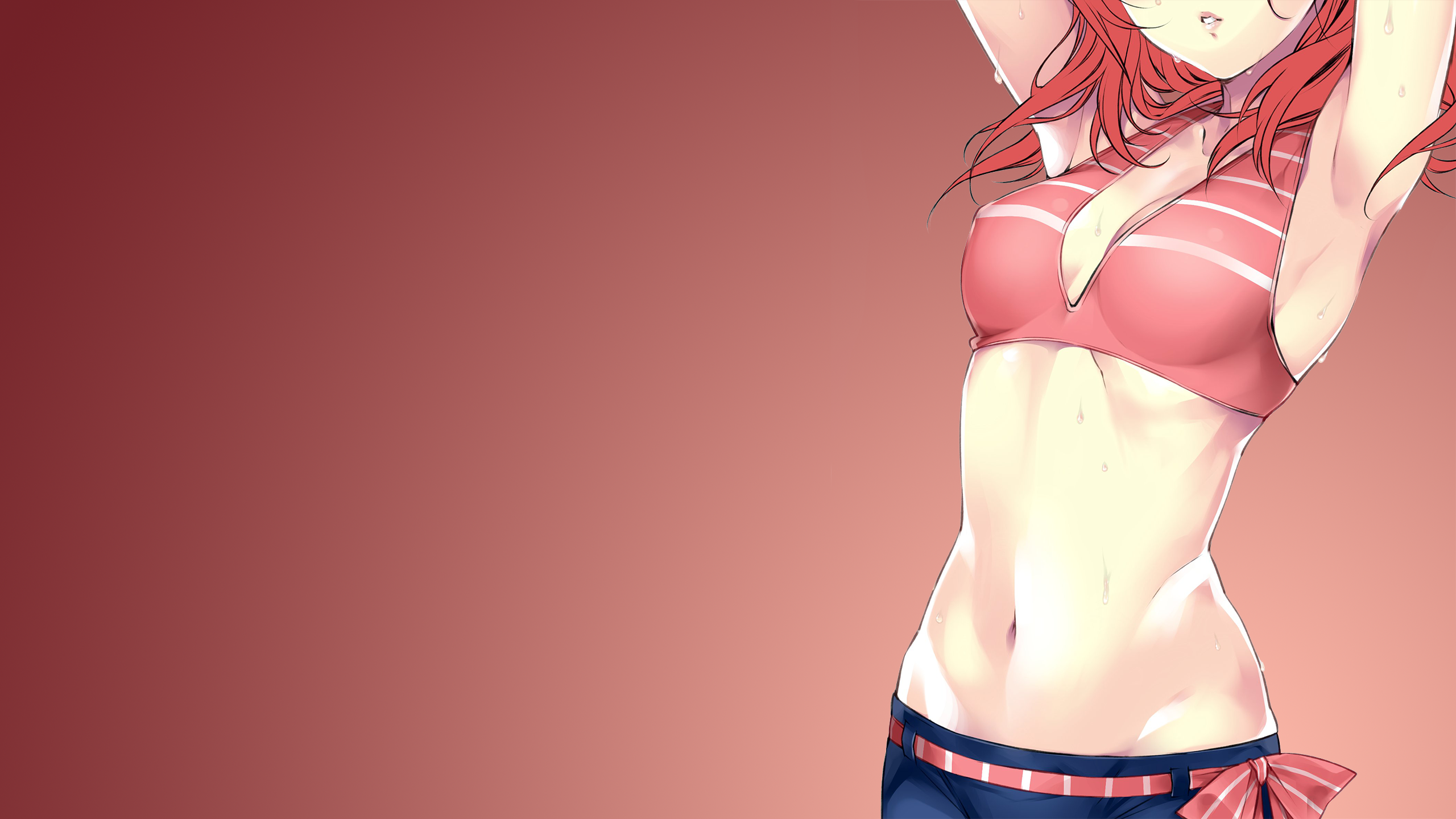 Anime 2560x1440 Love Live! Nishikino Maki boobs belly button red background short hair anime anime girls redhead bare midriff sweat