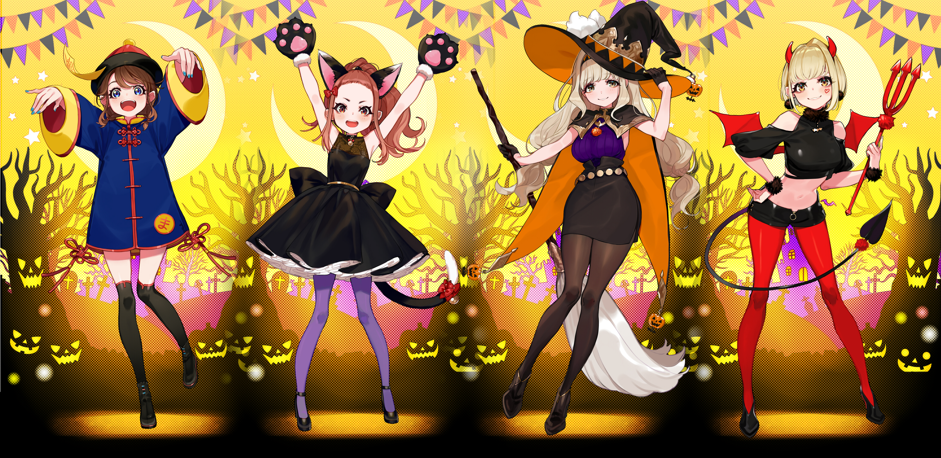 Anime 3082x1500 anime anime girls digital art artwork 2D portrait Youcapriccio Halloween witch cat girl demon girls ghost