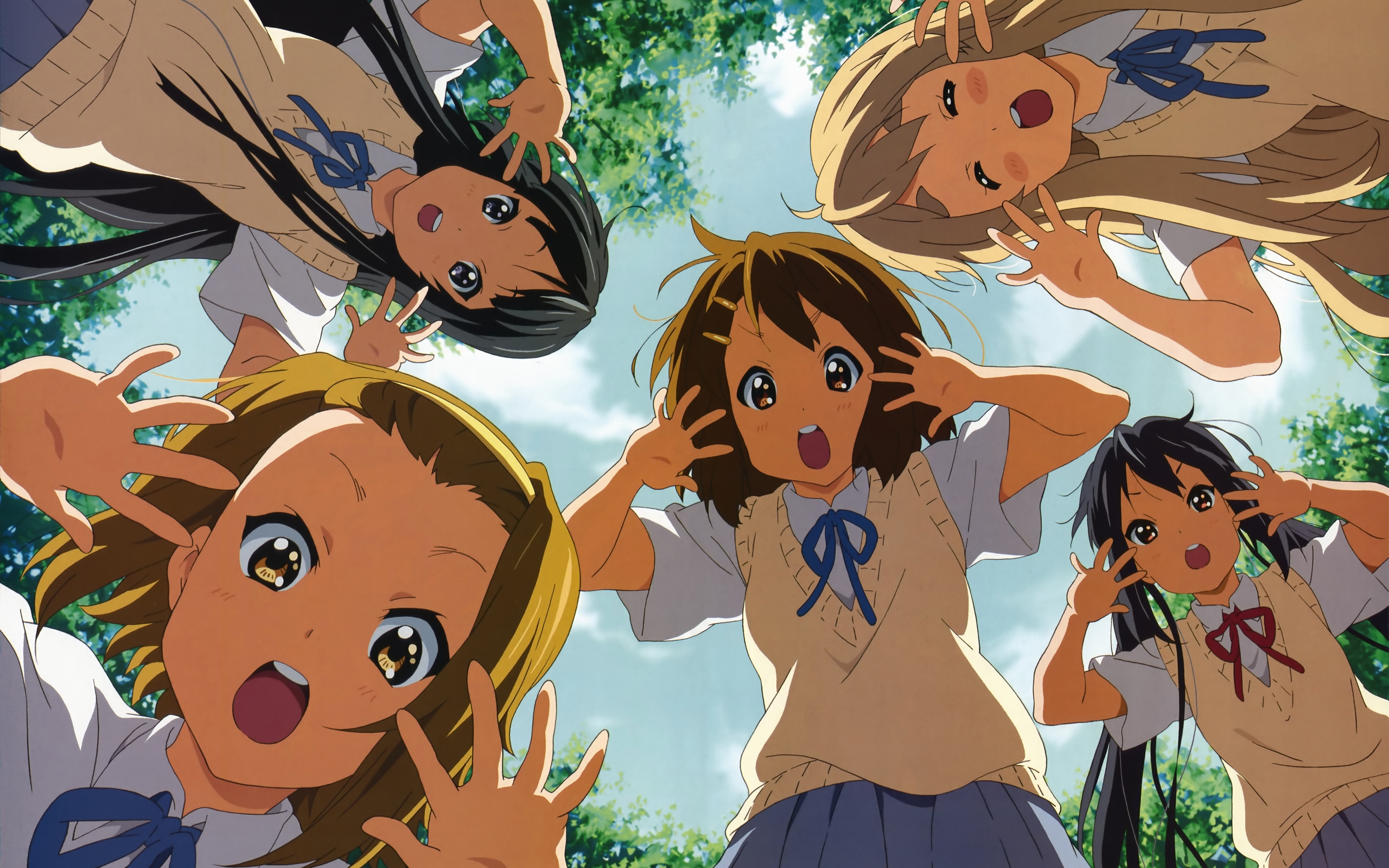 Anime 2560x1600 K-ON! anime girls schoolgirl school uniform Hirasawa Yui Tainaka Ritsu Akiyama Mio Kotobuki Tsumugi Nakano Azusa arms up open mouth looking at viewer