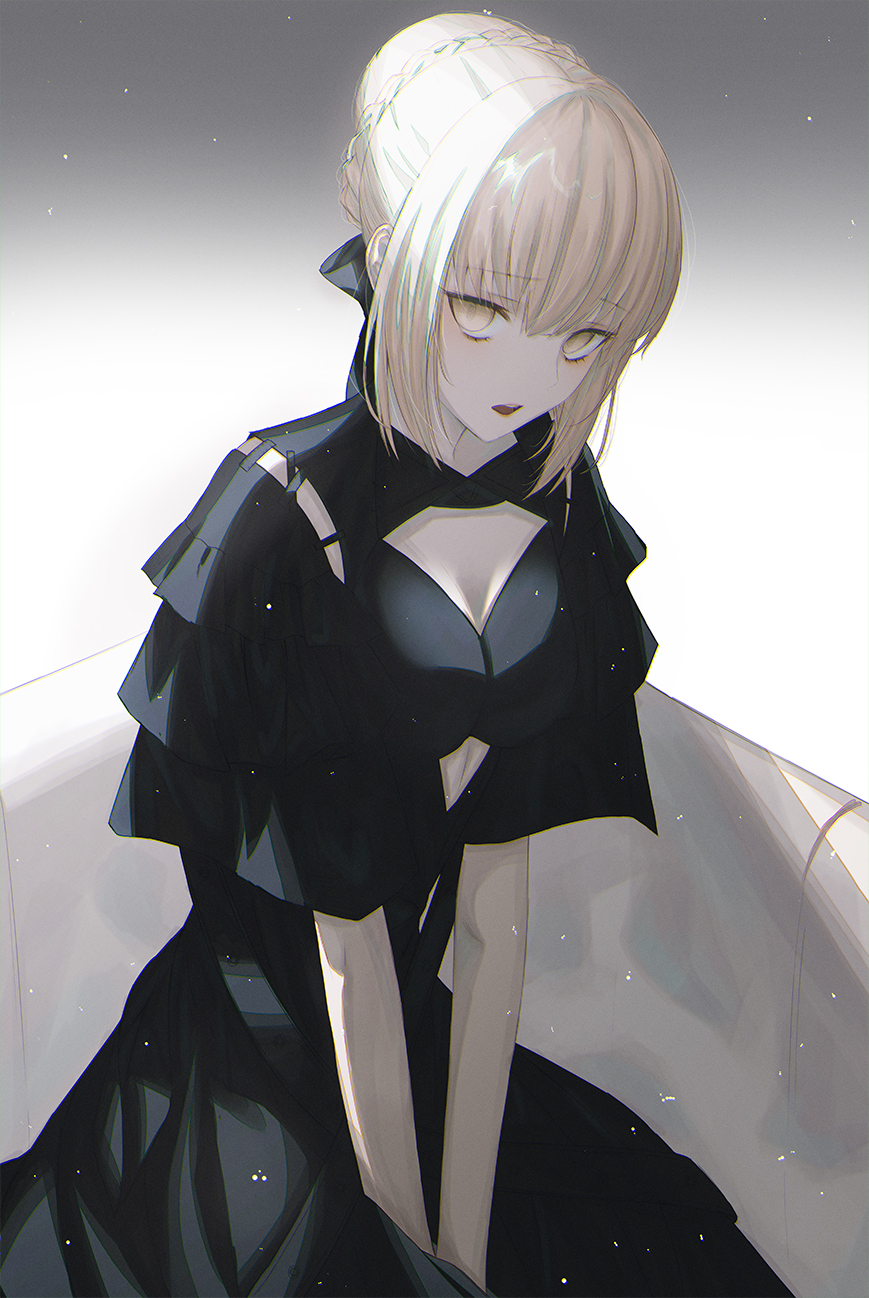 Anime 869x1298 Fate series Fate/Grand Order Fate/Stay Night fate/stay night: heaven's feel anime girls 2D black dress small boobs no bra Saber Alter simple background looking at viewer yellow eyes open mouth embarrassed fan art blonde Artoria Pendragon