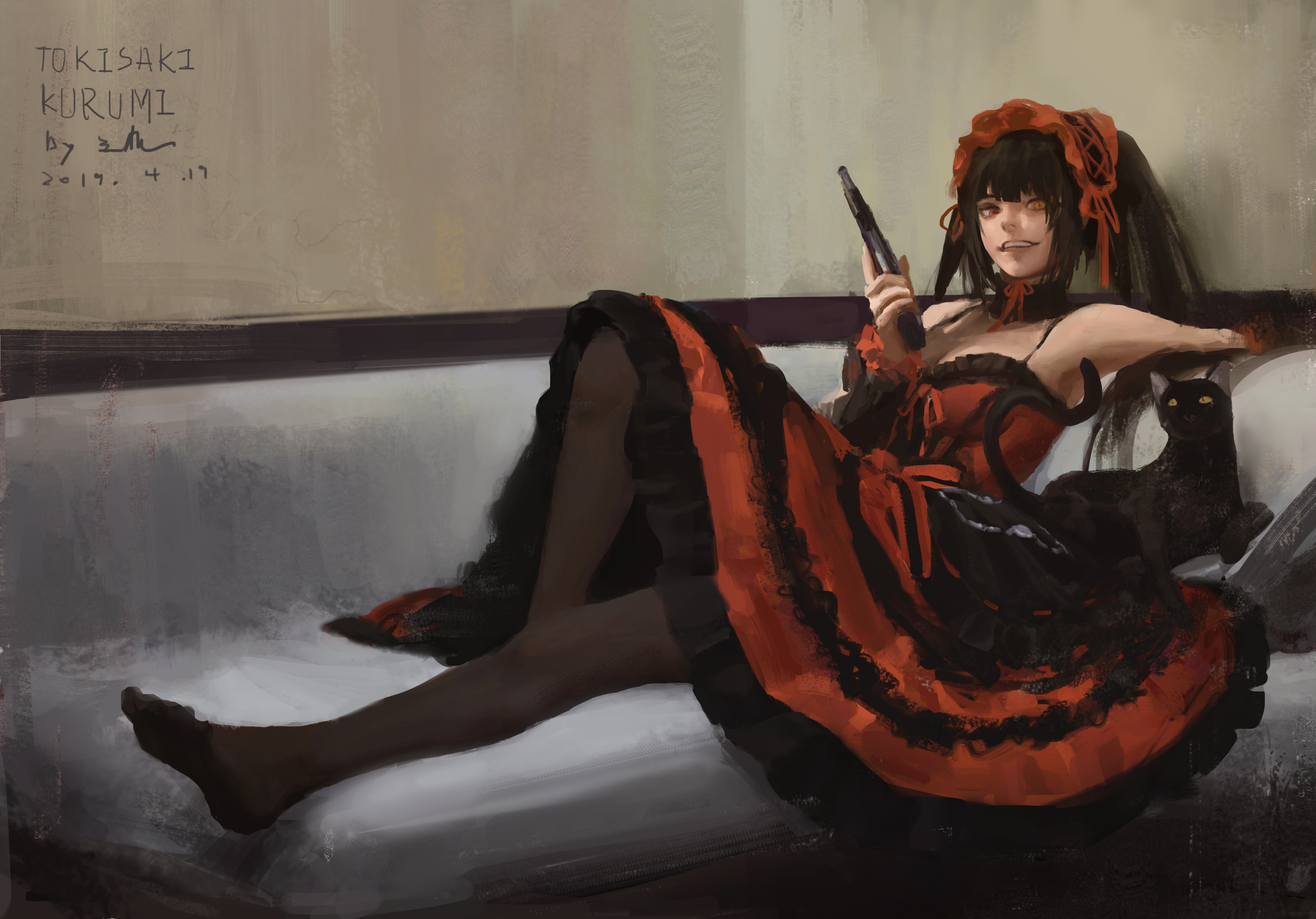 Anime 4038x2821 Date A Live anime girls long hair black hair small boobs thighs pantyhose barefoot no bra girls with guns twintails laughing Tokisaki Kurumi gothic lolita revolver black cats heterochromia 2D couch looking at viewer red eyes fan art armpits