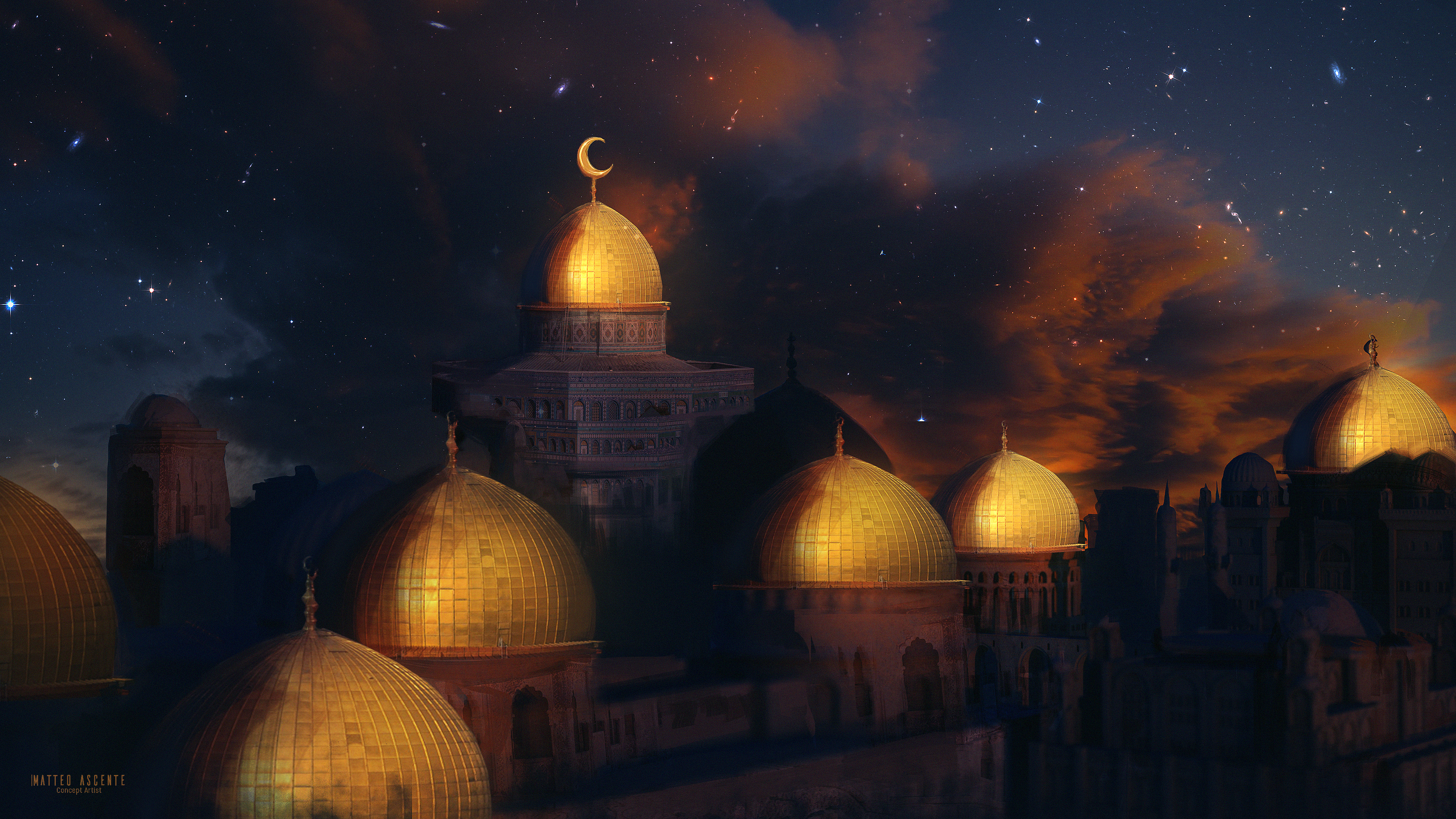 General 3840x2160 mosque night sky gold stars concept art artwork