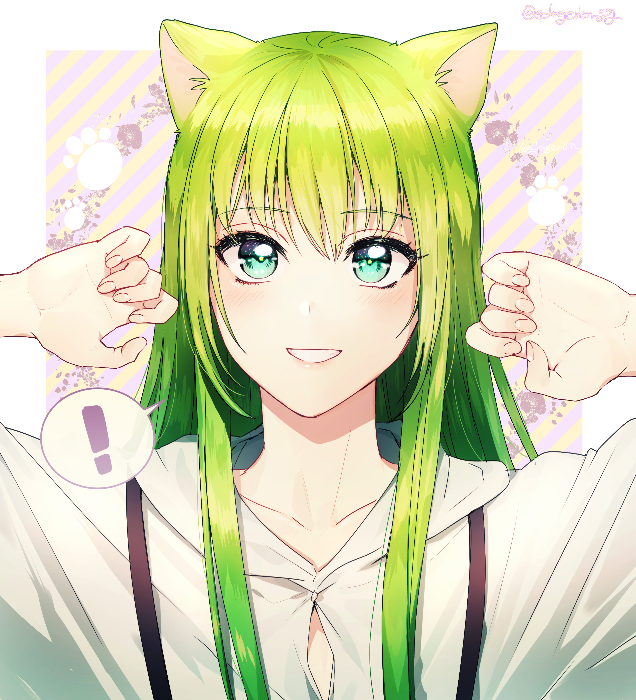Anime 2470x2720 Fate series Fate/Grand Order anime boys long hair 2D cat girl blushing smiling Enkidu (FGO) green eyes green hair looking at viewer fan art anime