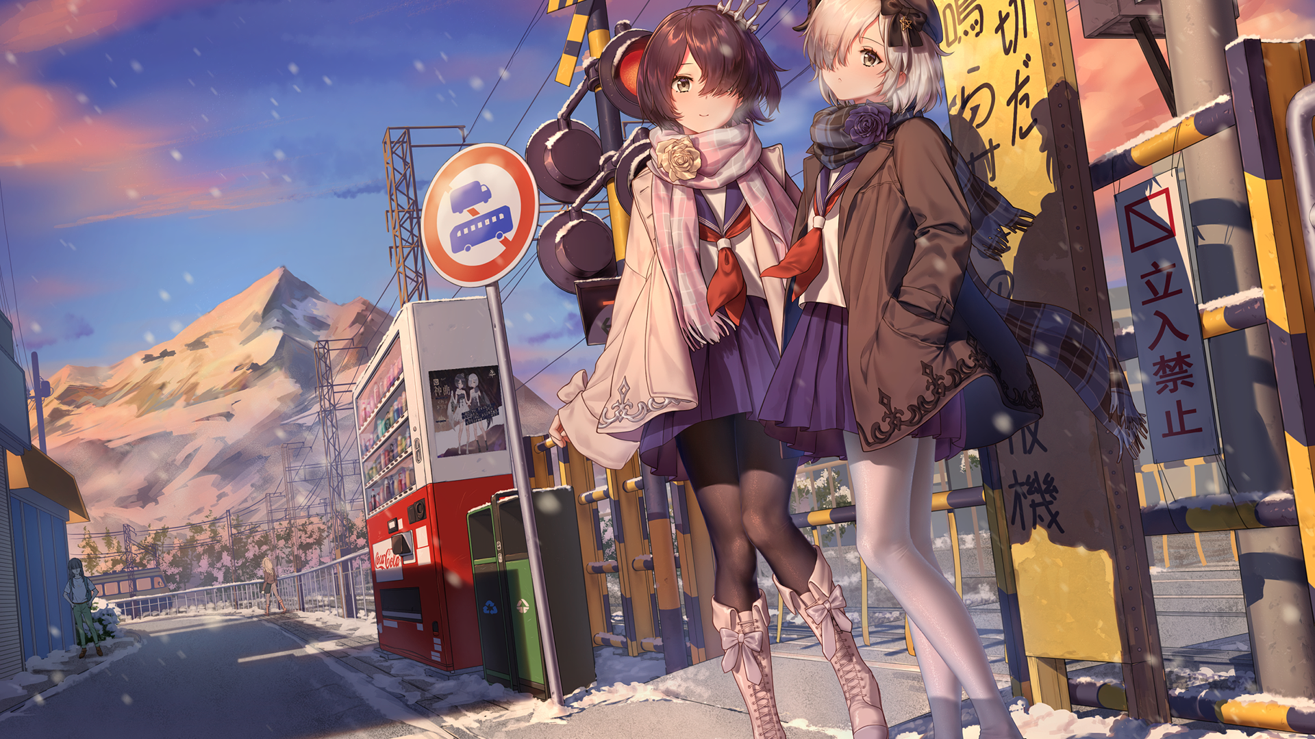 Anime 1920x1080 bus stop pantyhose short hair snow scarf school uniform anime road sign two women breath
