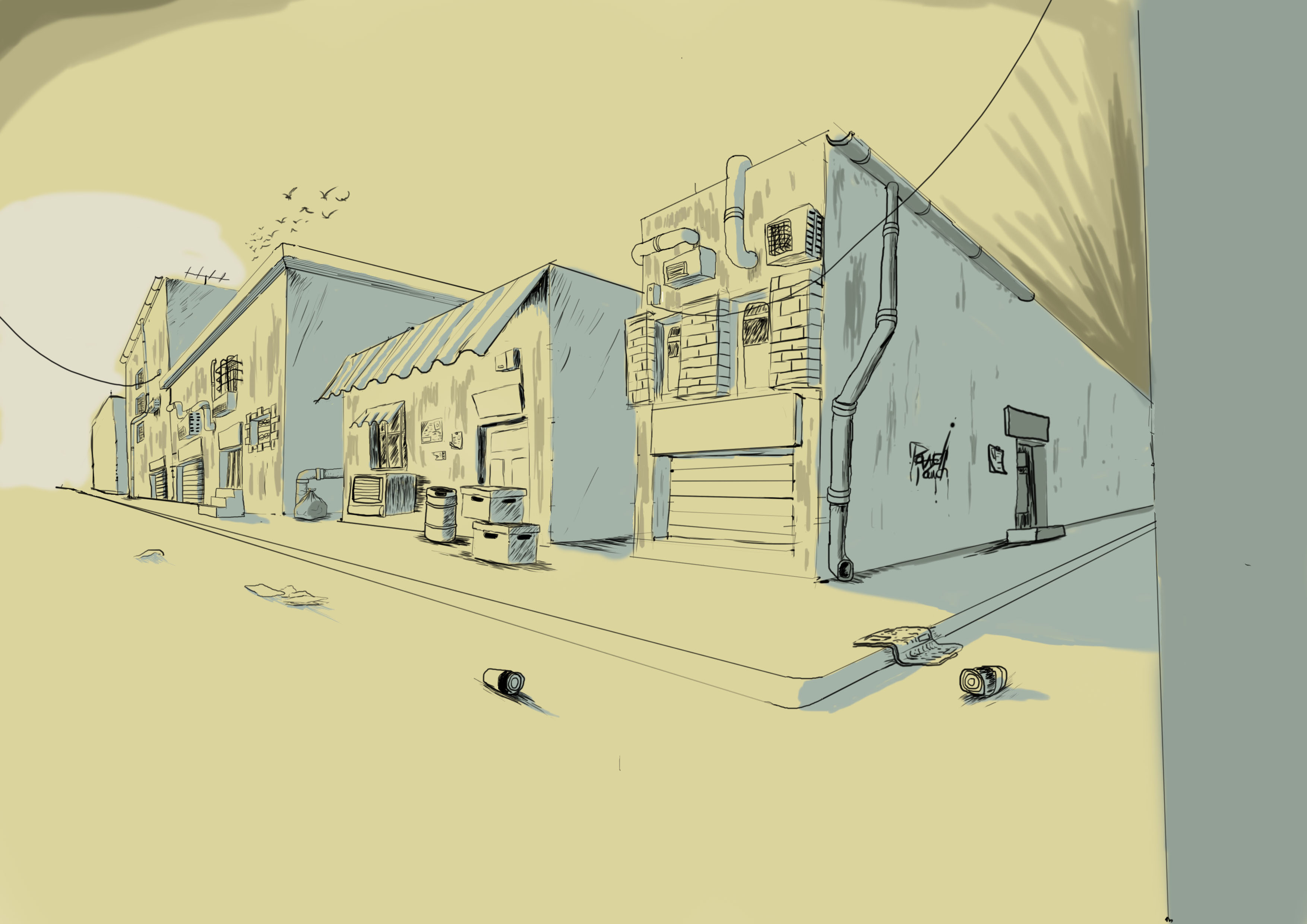 General 3508x2480 dystopian town abandoned drawing simple background digital art