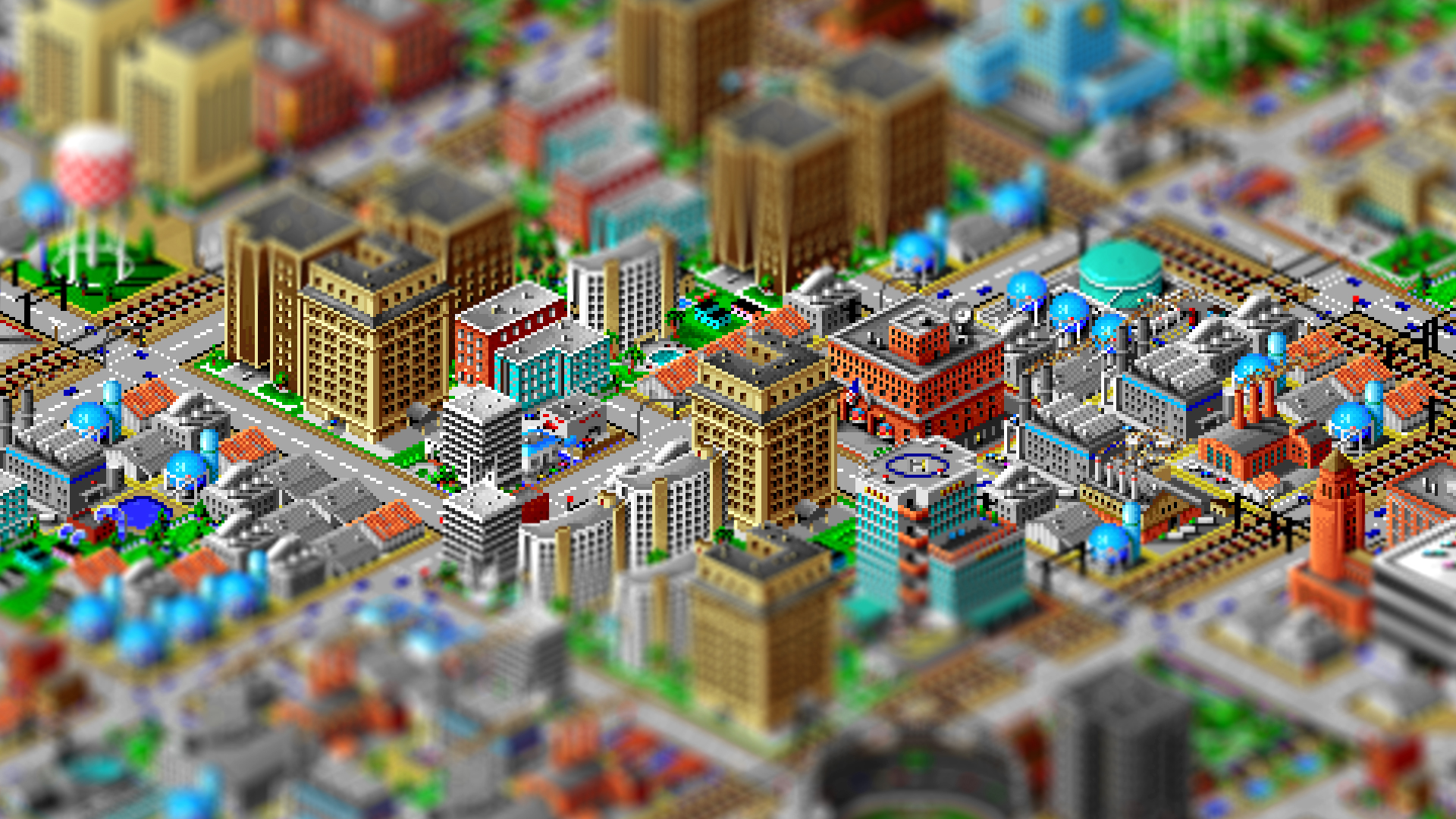 General 1920x1080 pixel art pixelated pixels digital art cityscape building tilt shift blurred video games factories SimCity SimCity 2000