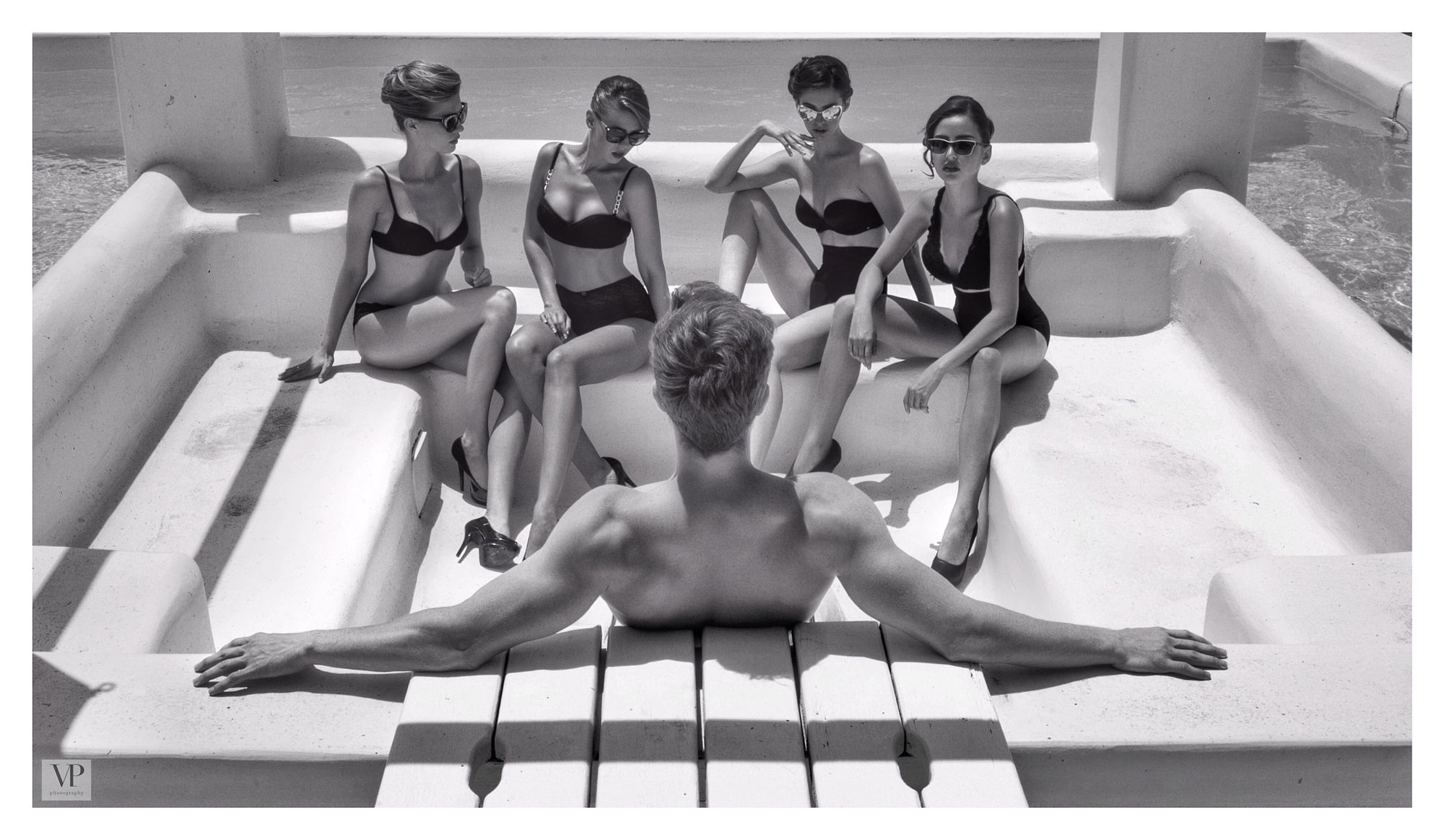 People 2000x1164 women swimwear sunbathing vintage Vassilis Pitoulis monochrome men shirtless