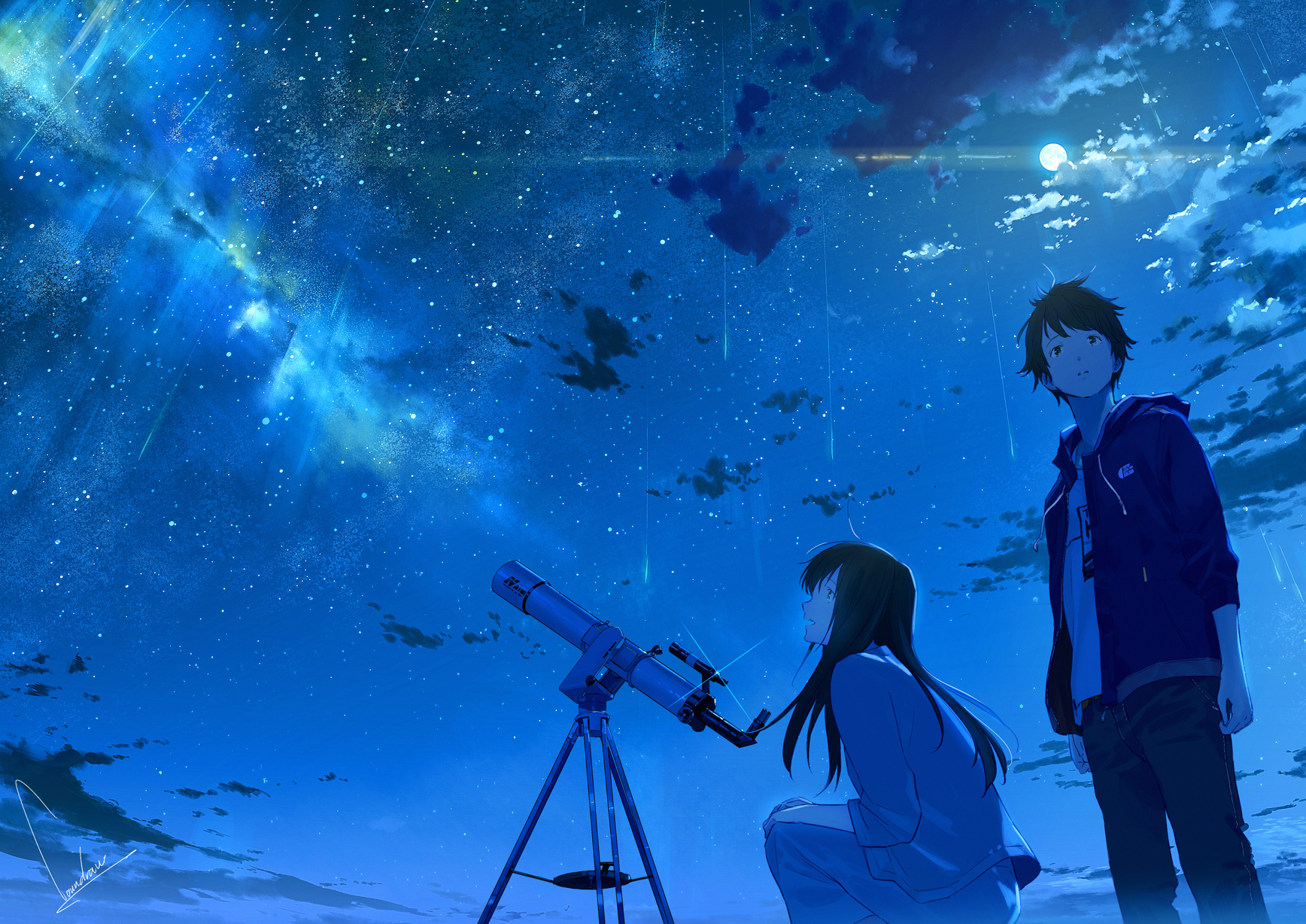 Anime 1736x1228 anime anime girls anime boys telescope night sky stars outdoors