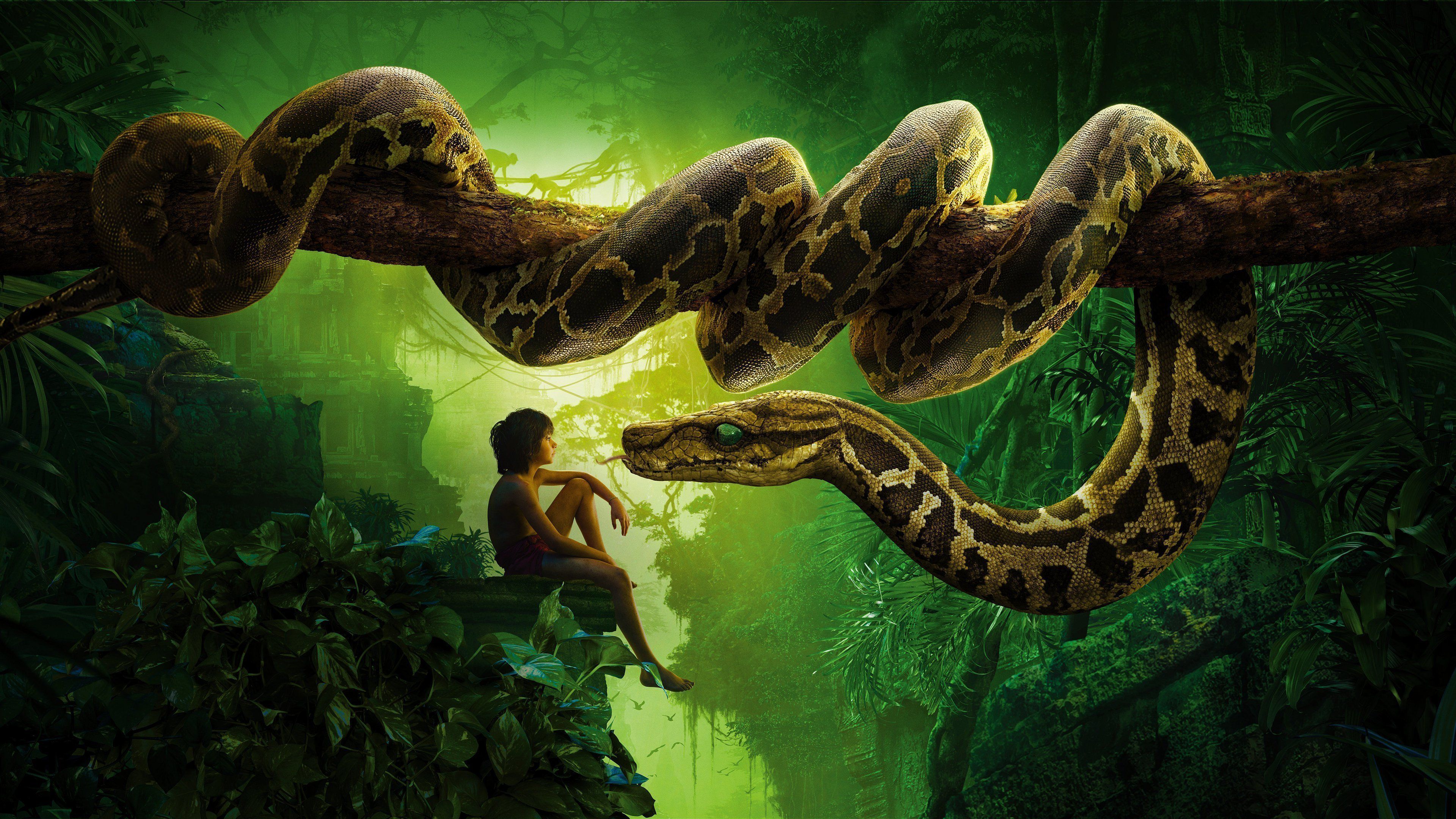General 3840x2160 The Jungle Book children animals snake forest jungle trees green serpent python side view digital art