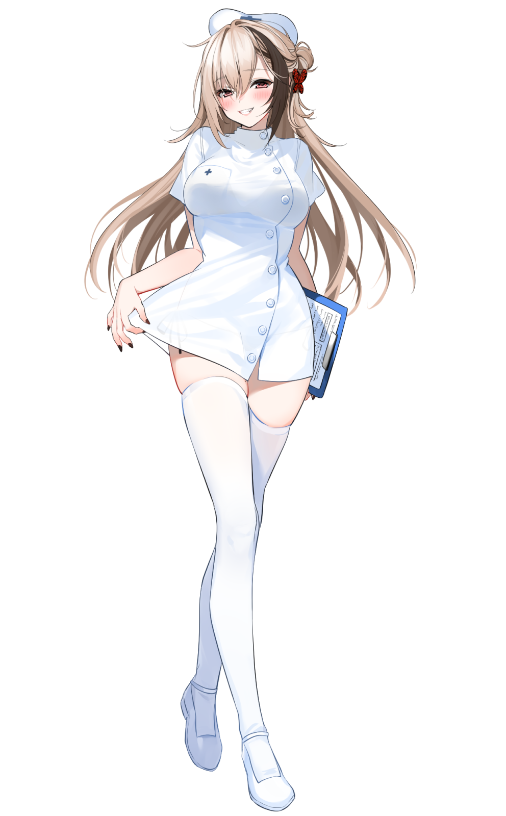Anime 992x1600 anime anime girls digital art artwork 2D portrait display Xretakex nurses nurse outfit thigh-highs blushing smiling red eyes brunette long hair