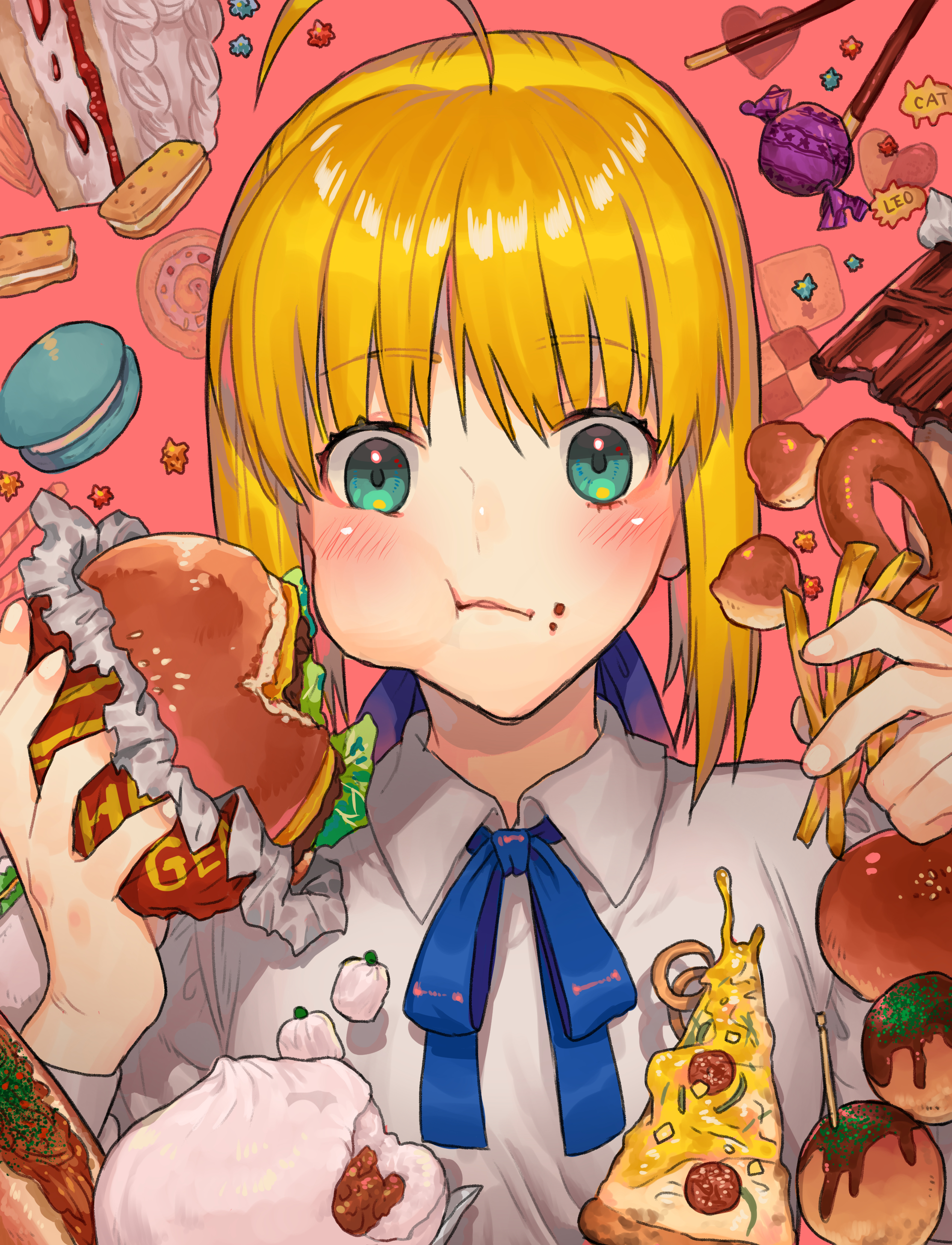 Anime 2534x3312 Fate series Fate/Stay Night anime girls ahoge anime girls eating burgers pizza blue ribbons 2D blushing Saber green eyes candy cake donut looking at viewer fan art blonde Artoria Pendragon