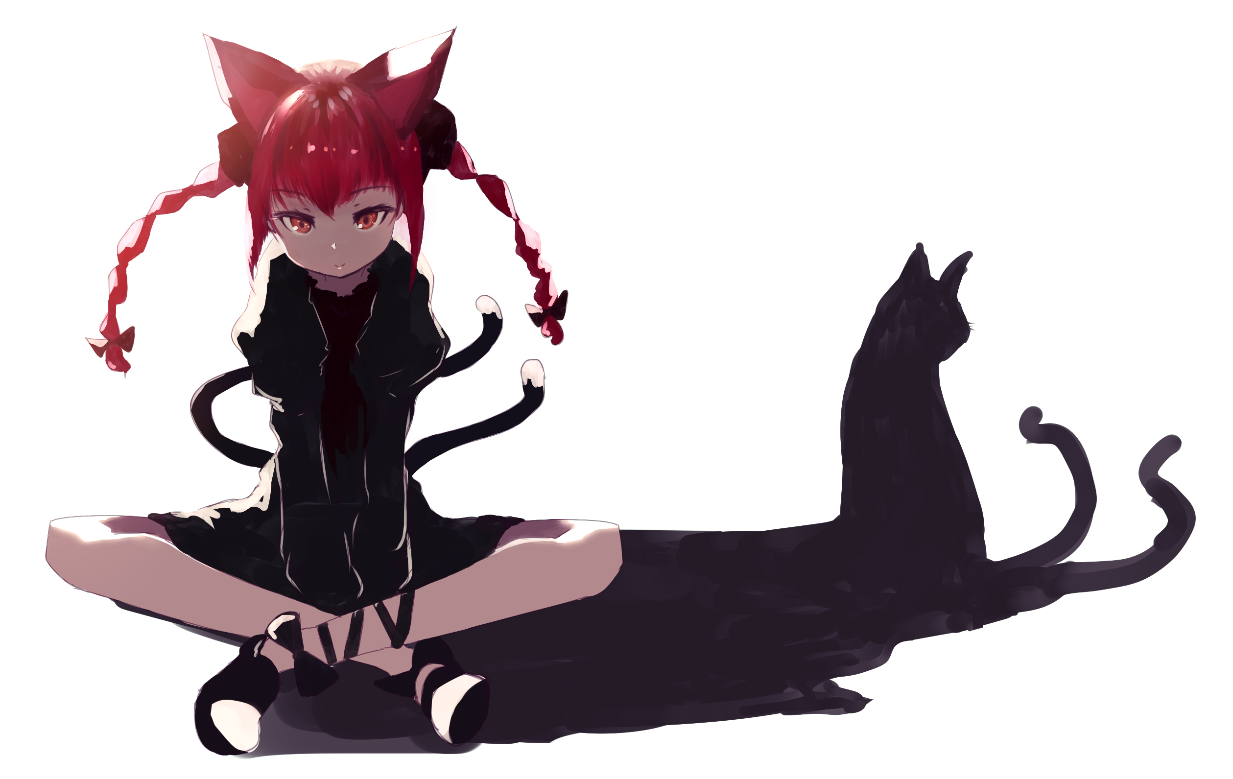 Anime 2518x1591 Kaenbyou Rin Touhou white background Mifuru animal ears black cats bow braids shadow hair bows long hair long sleeves puffy sleeves red eyes redhead shoes simple background sitting smiling solo tail cat girl