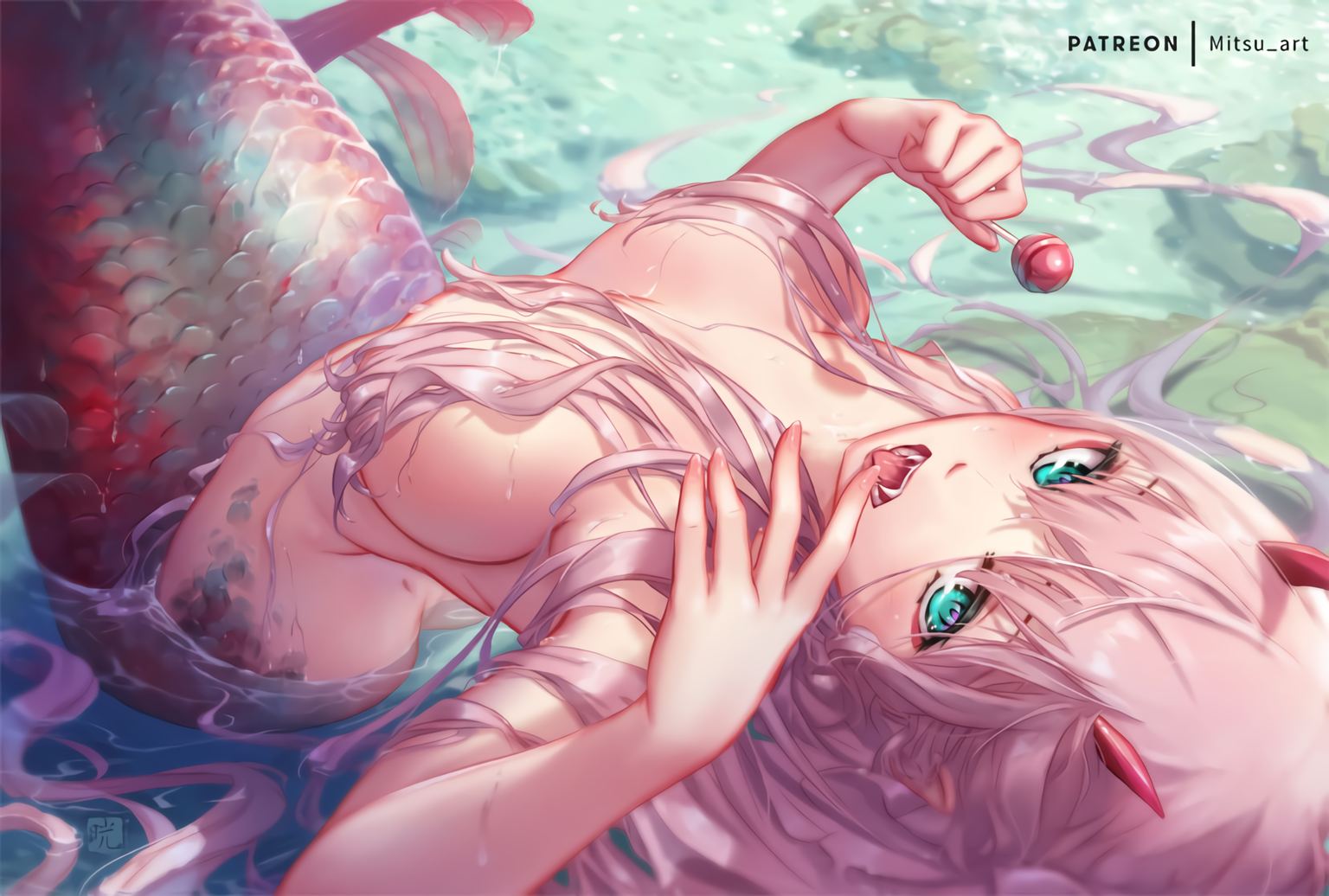Anime 1536x1036 Darling in the FranXX Zero Two (Darling in the FranXX) ass pink hair aqua eyes horns long hair wet hair water wet fangs open mouth candy anime mermaids boobs hair covering boobs nude anime girls Mitsu patreon text watermarked