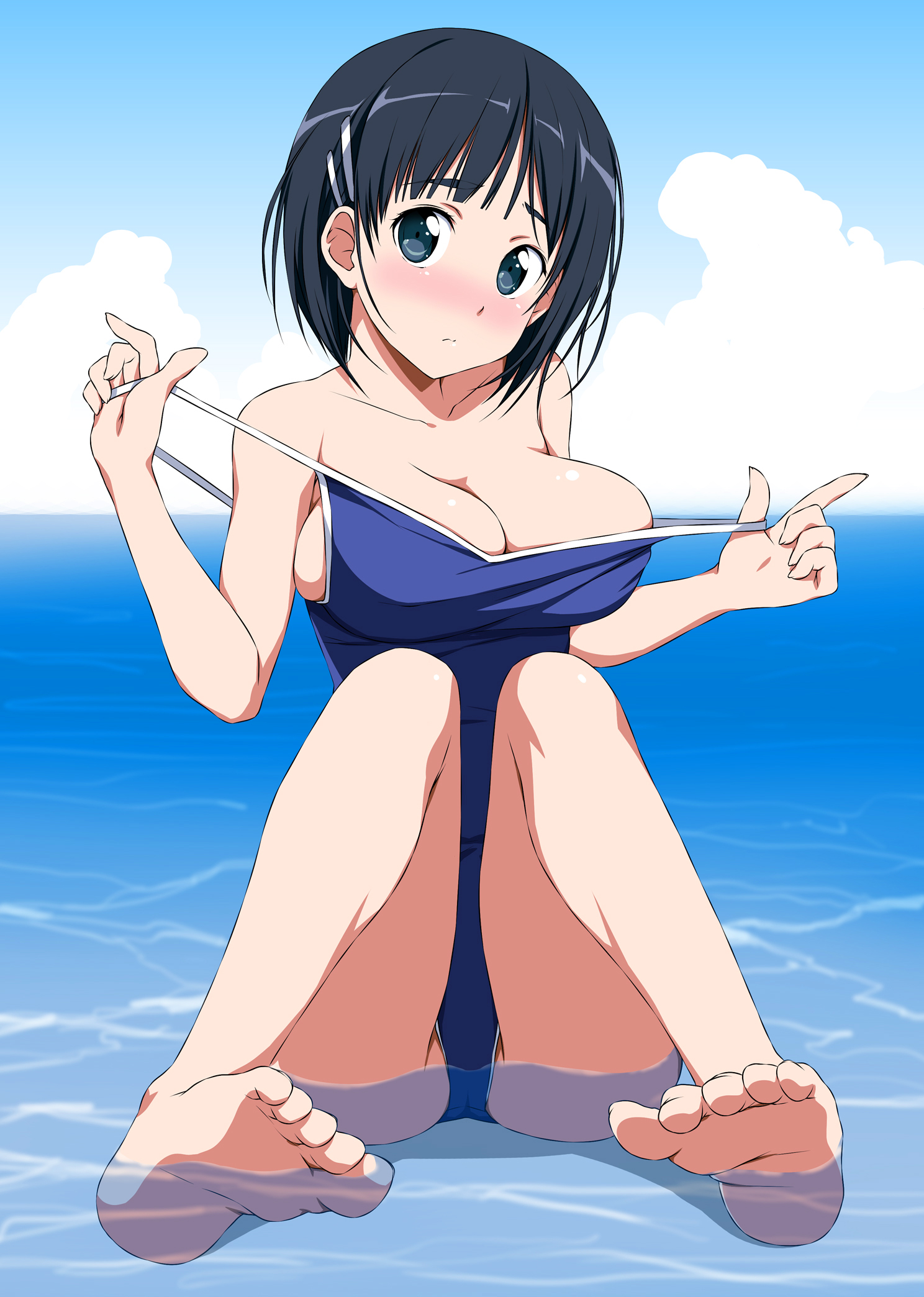 Anime 1488x2088 anime anime girls big boobs cleavage Sword Art Online Kirigaya Suguha cameltoe swimwear pulling clothing one-piece swimsuit blushing short hair