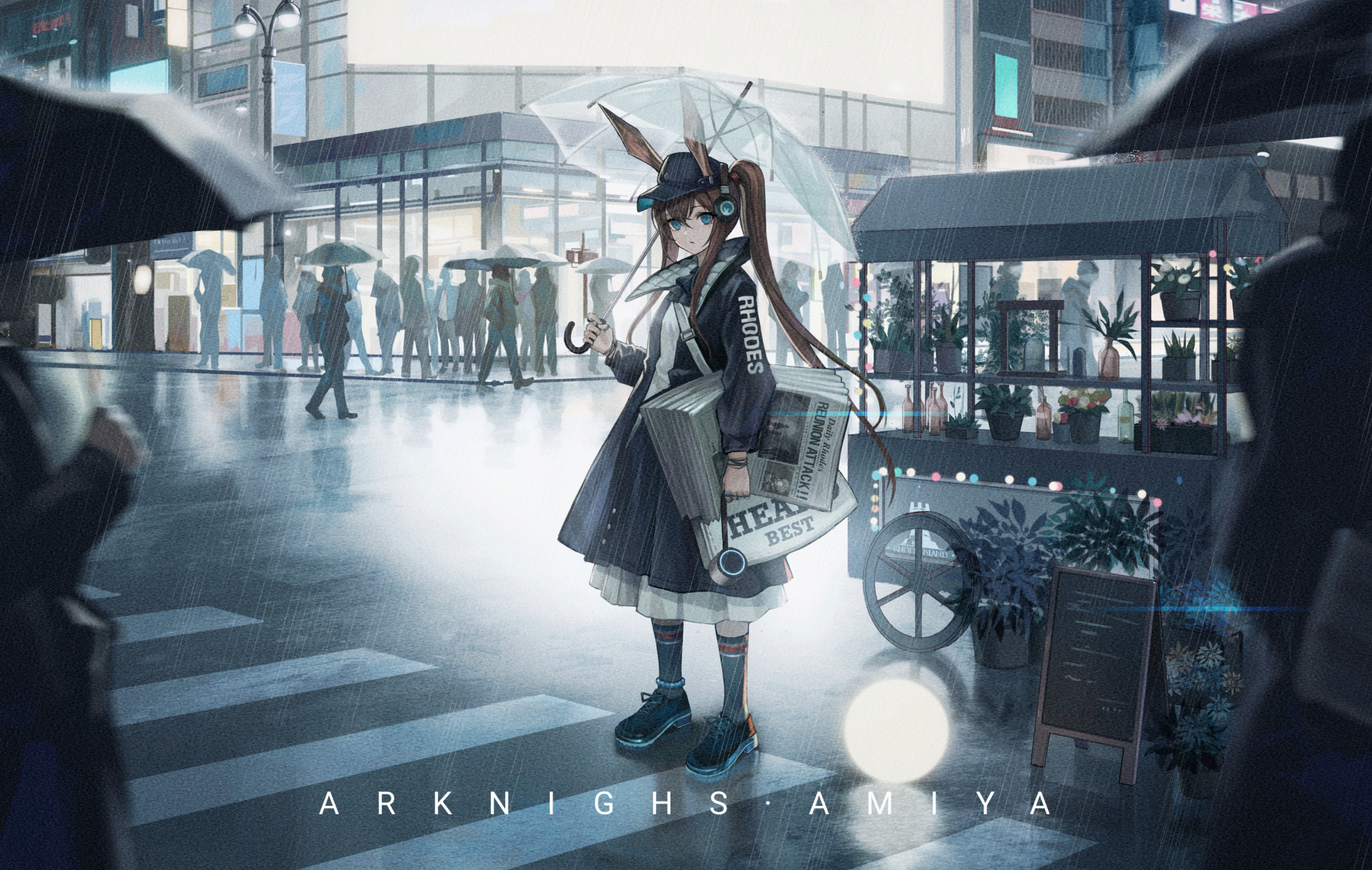 Anime 3027x1920 anime anime girls digital art artwork 2D portrait Arknights Amiya (Arknights) newspapers rain umbrella animal ears bunny girl brunette