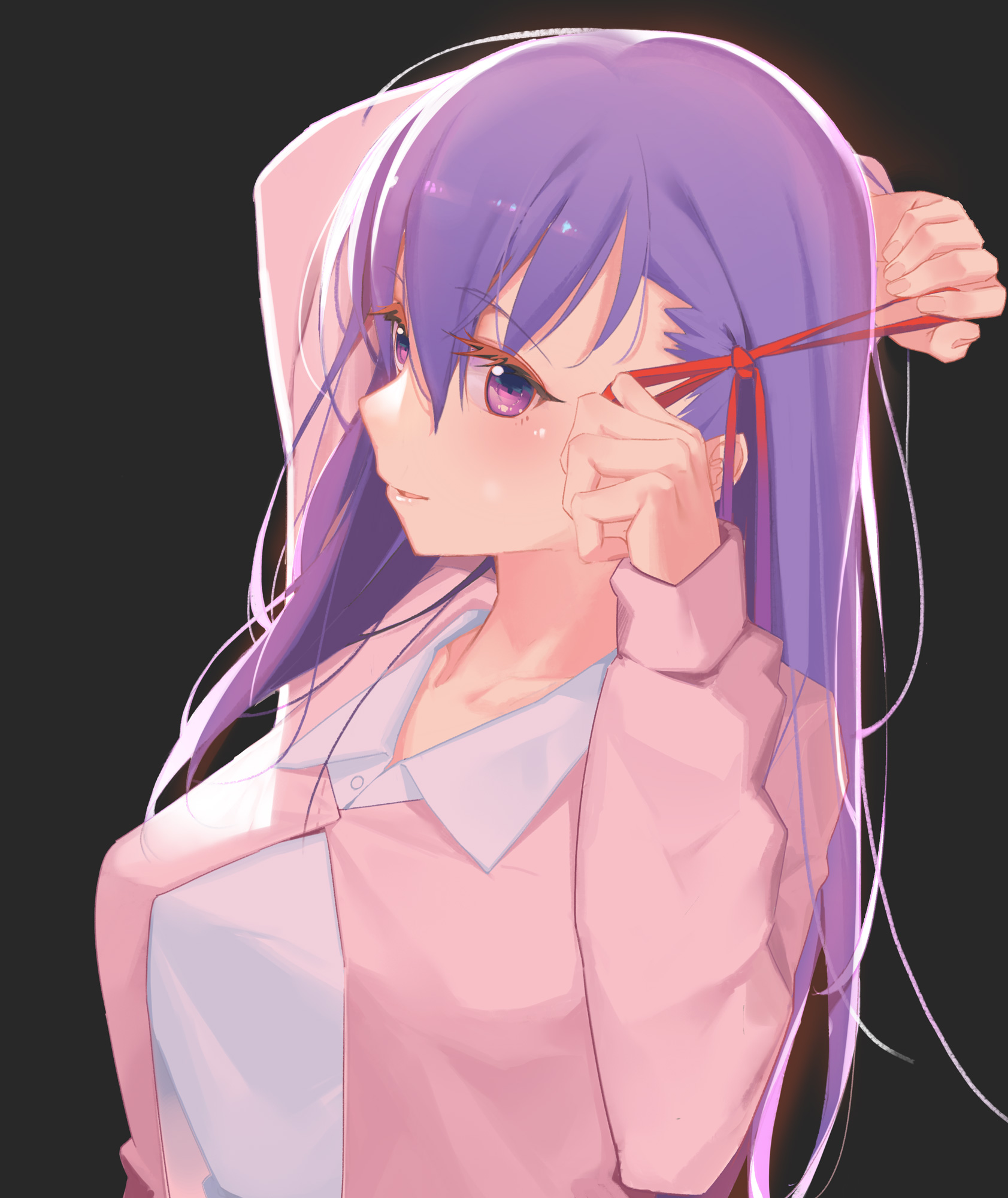Anime 1683x2000 Fate series Fate/Stay Night fate/stay night: heaven's feel anime girls big boobs red ribbon long hair purple hair blushing touching hair white dress looking at viewer Matou Sakura 2D portrait display smiling purple eyes simple background fan art open mouth anime