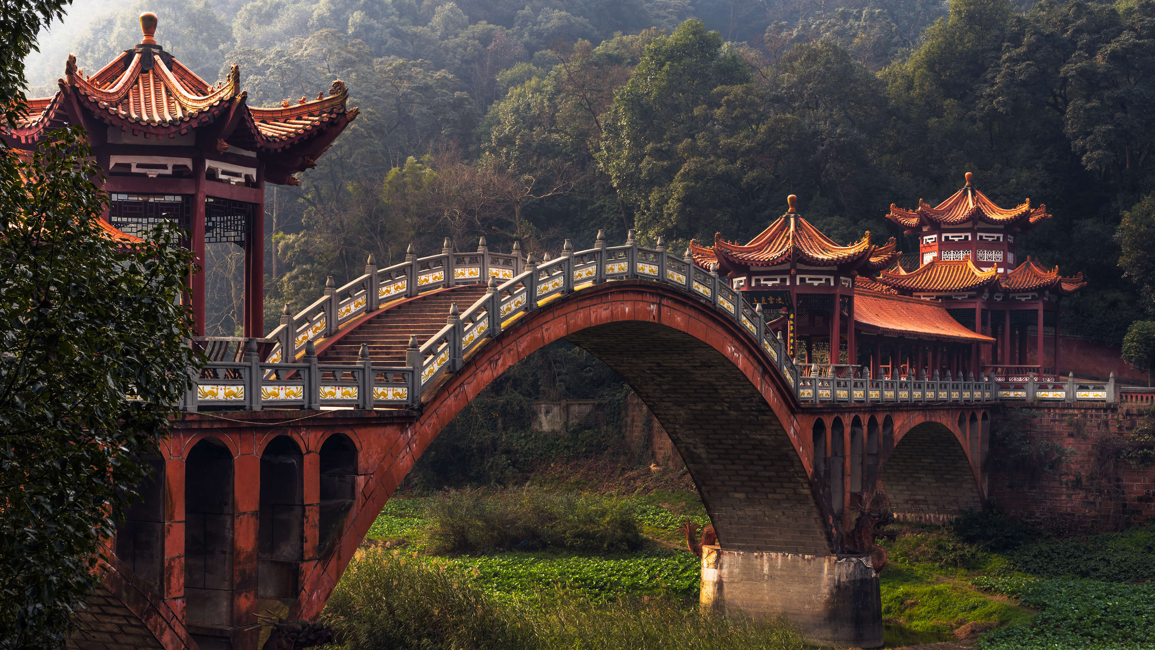 General 3840x2160 China nature bridge forest trees Asian architecture