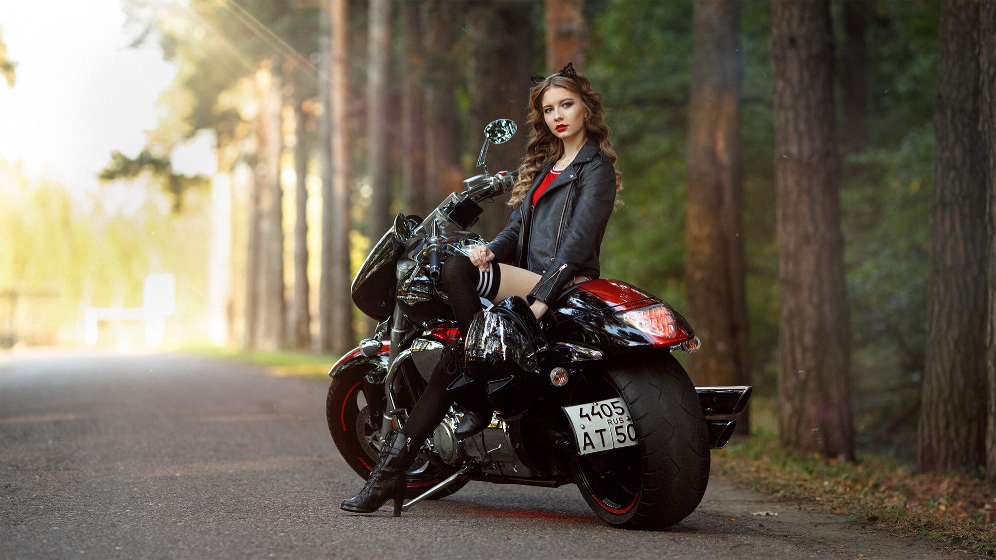 People 2048x1152 women outdoors boots thigh-highs knee-highs looking into the distance leather jacket sitting road depth of field women outdoors Alina Panevskaya cat ears heels women with motorcycles Suzuki Boulevard