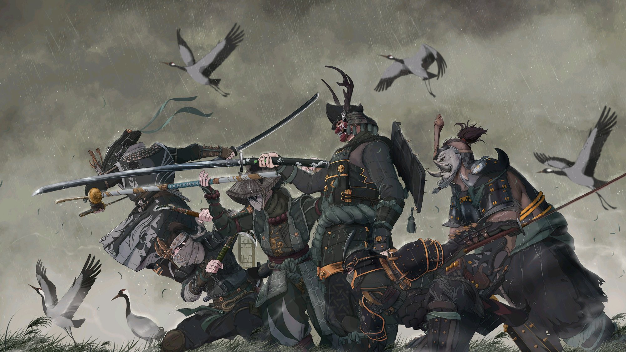 Anime 2000x1125 For Honor samurai blades birds mask FrAg MenT