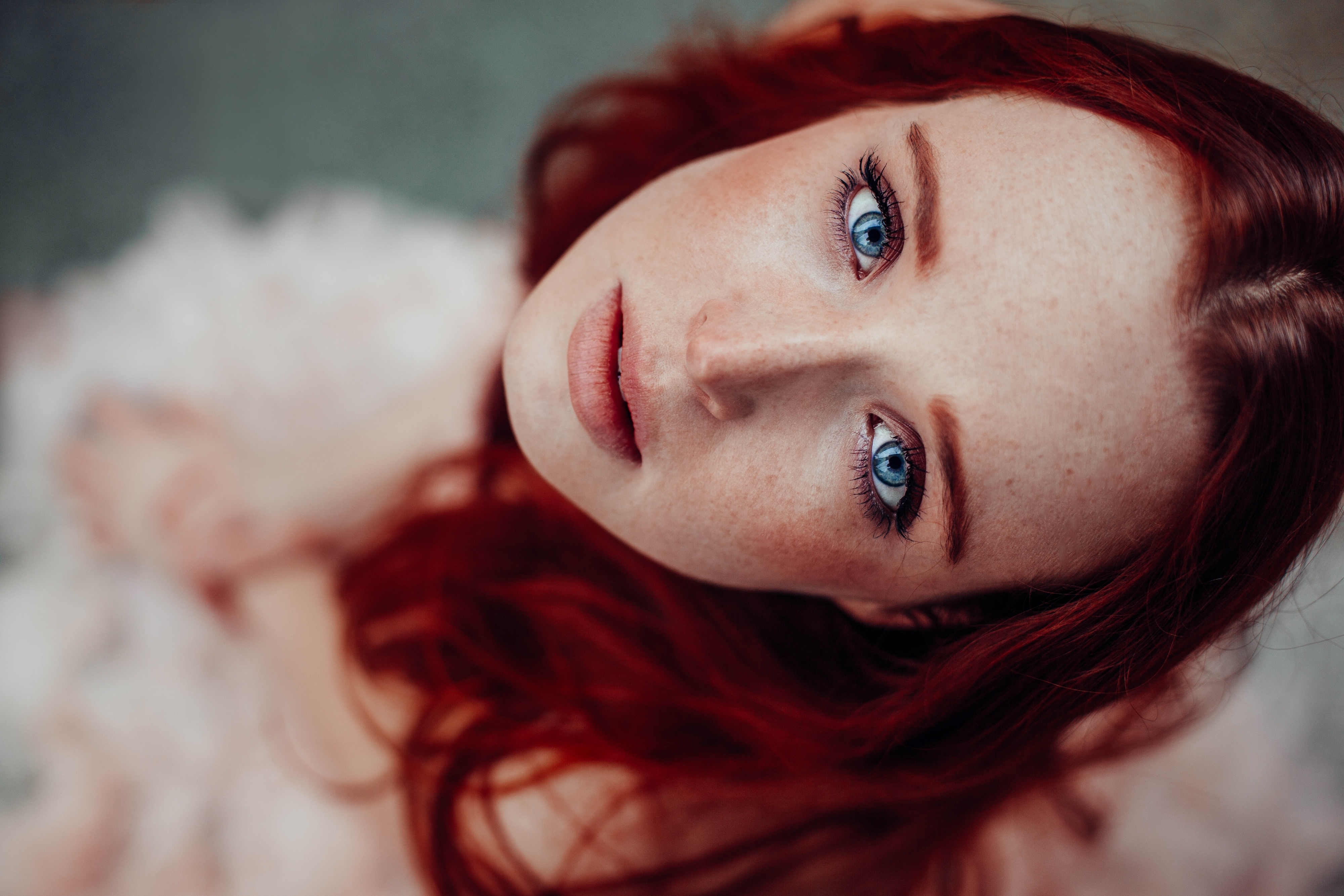 People 4000x2667 women blue eyes freckles redhead portrait face eyes closeup Anne Hoffmann looking at viewer dyed hair model