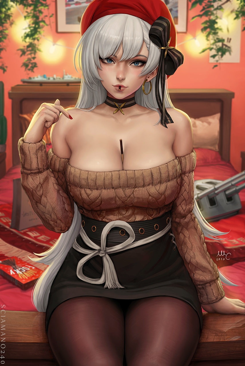 Anime 857x1280 Mirco Cabbia drawing Azur Lane women Belfast (Azur Lane) silver hair cleavage sweater bare shoulders knot blue eyes looking at viewer ribbon frontal view Pocky