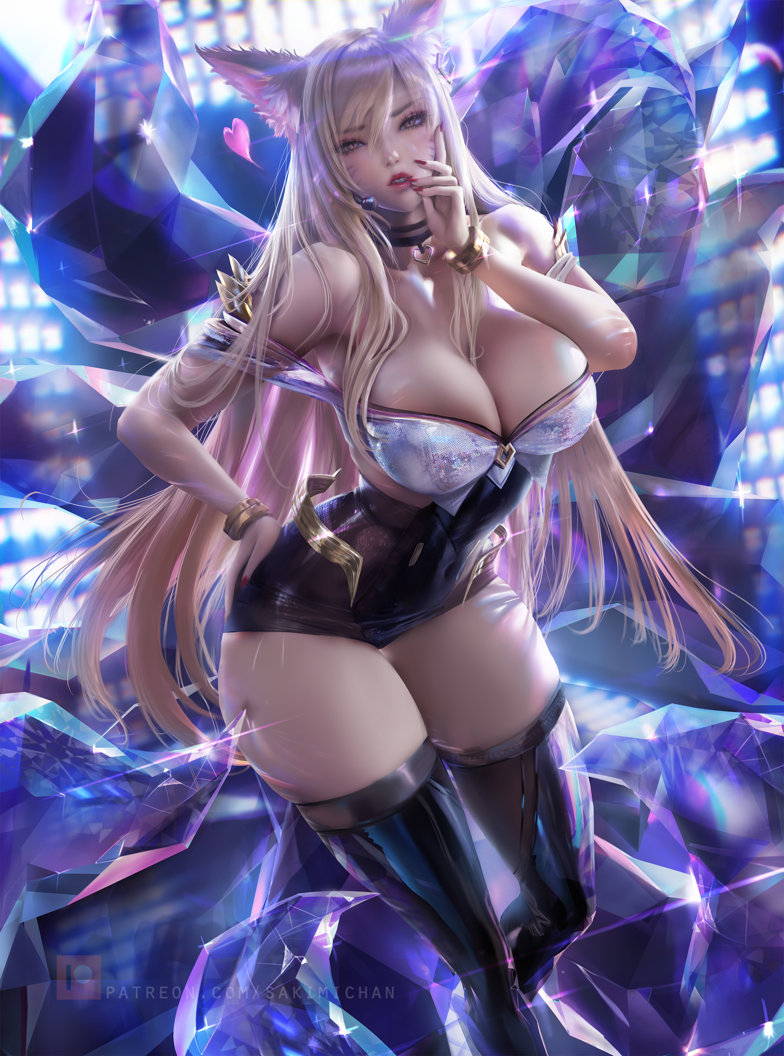 General 2601x3500 League of Legends video games blonde long hair looking sideways yellow eyes parted lips touching face choker cleavage bare shoulders bodysuit huge breasts thick thigh thigh-highs portrait display glowing video game characters video game girls artwork drawing digital art fan art Sakimichan realistic boobs big boobs looking at viewer PC gaming video game art Ahri (League of Legends) animal ears tail curvy fantasy girl fox ears fox girl